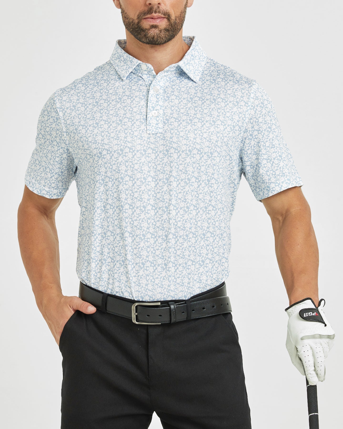 Men's golf polo shirt with white flower prints