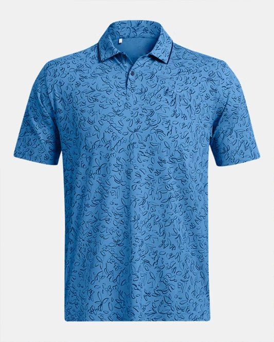 Men's navy blue petal-printed golf polo shirt