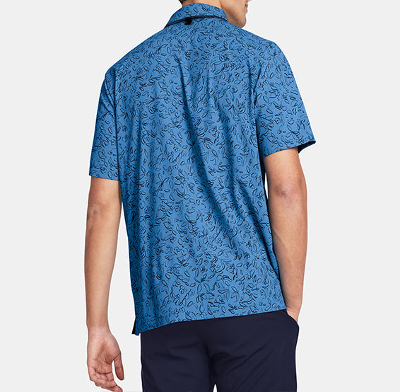 Men's navy blue petal-printed golf polo shirt