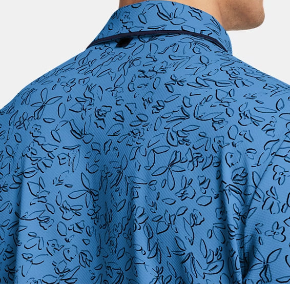 Men's navy blue petal-printed golf polo shirt
