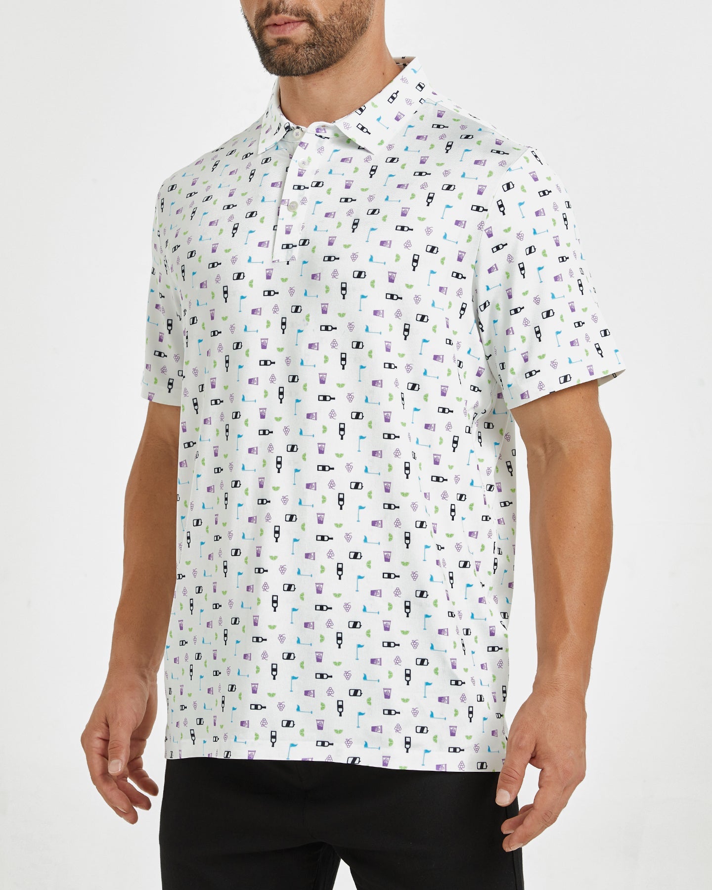 Men's white celebration print golf polo shirt