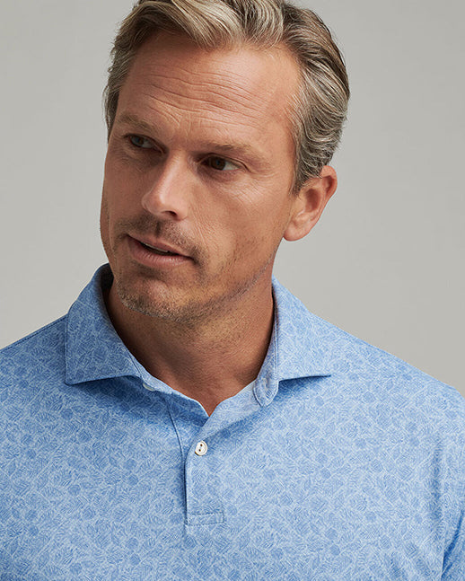 Men's blue leaf-printed golf polo shirt