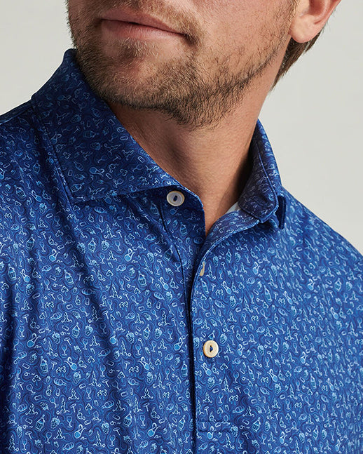 Men's dark blue wine glass-printed golf polo shirt