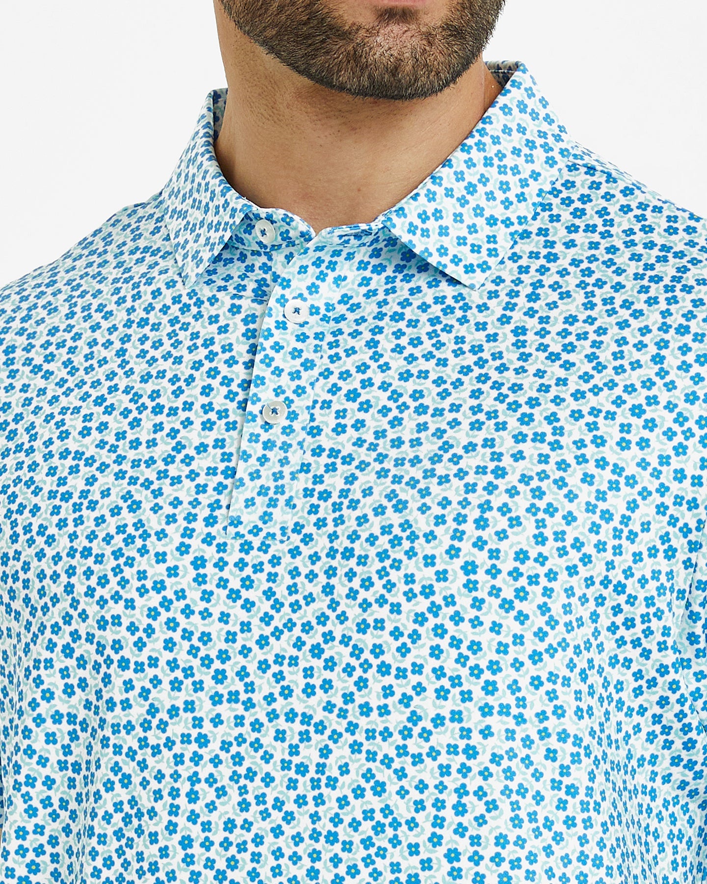 Men's blue flower-printed golf polo shirt