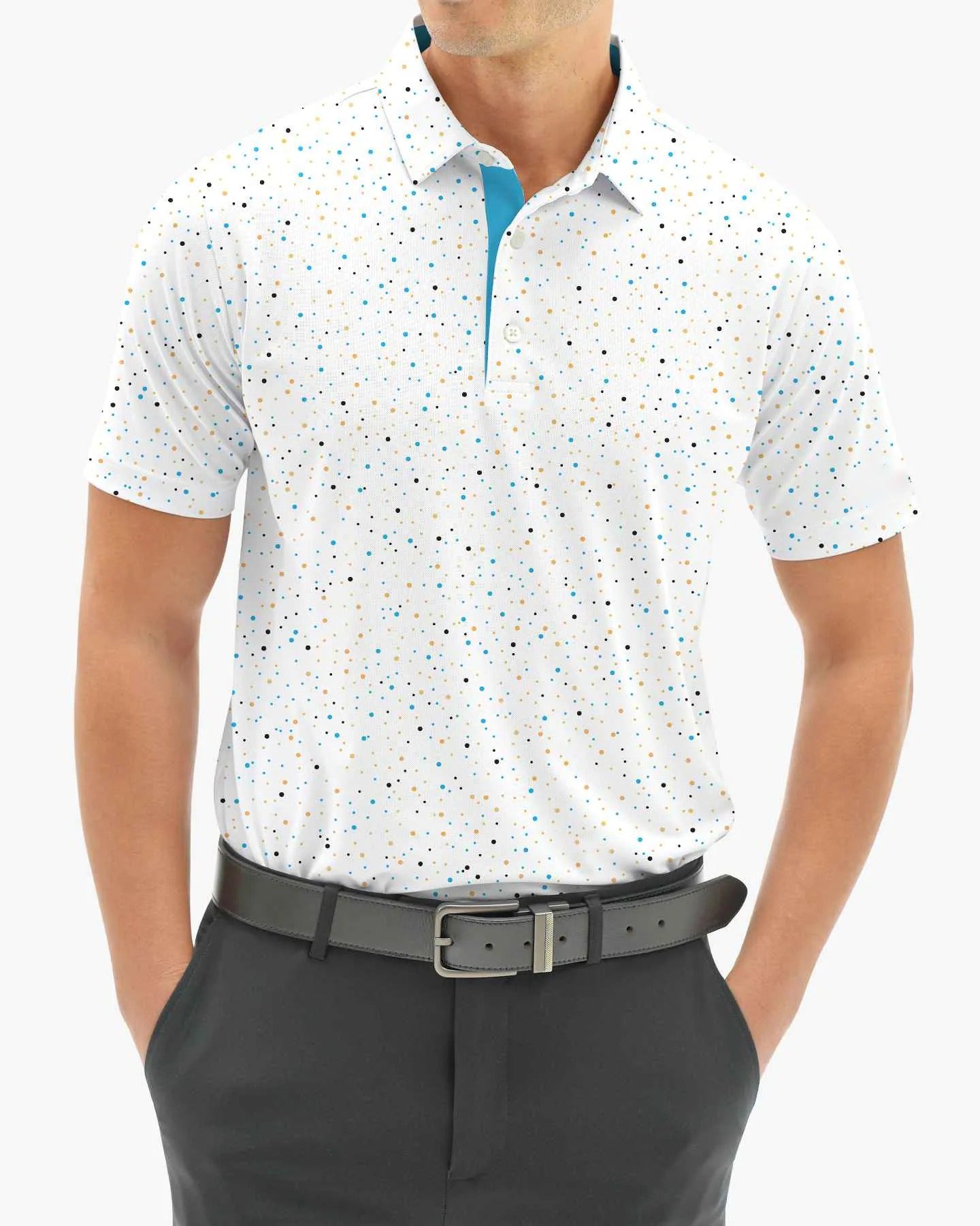 Men's golf polo shirt with colorful dot patterns
