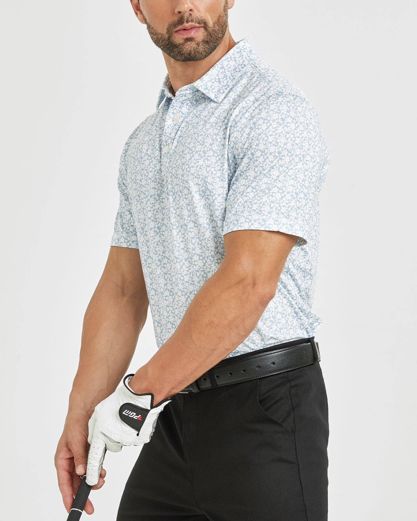 Men's golf polo shirt with white flower prints