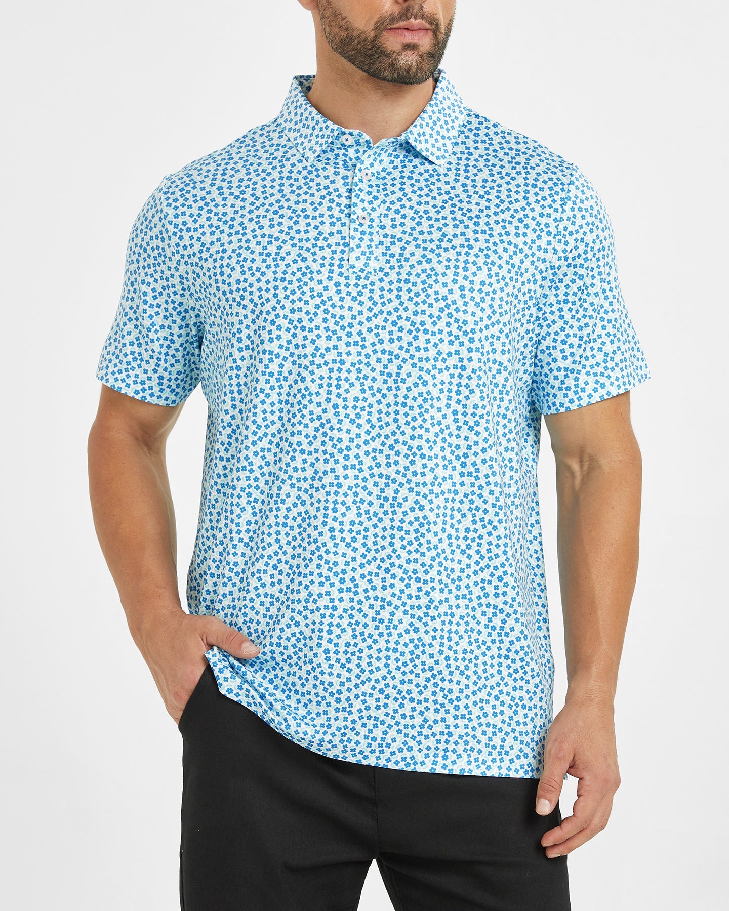 Men's blue flower-printed golf polo shirt