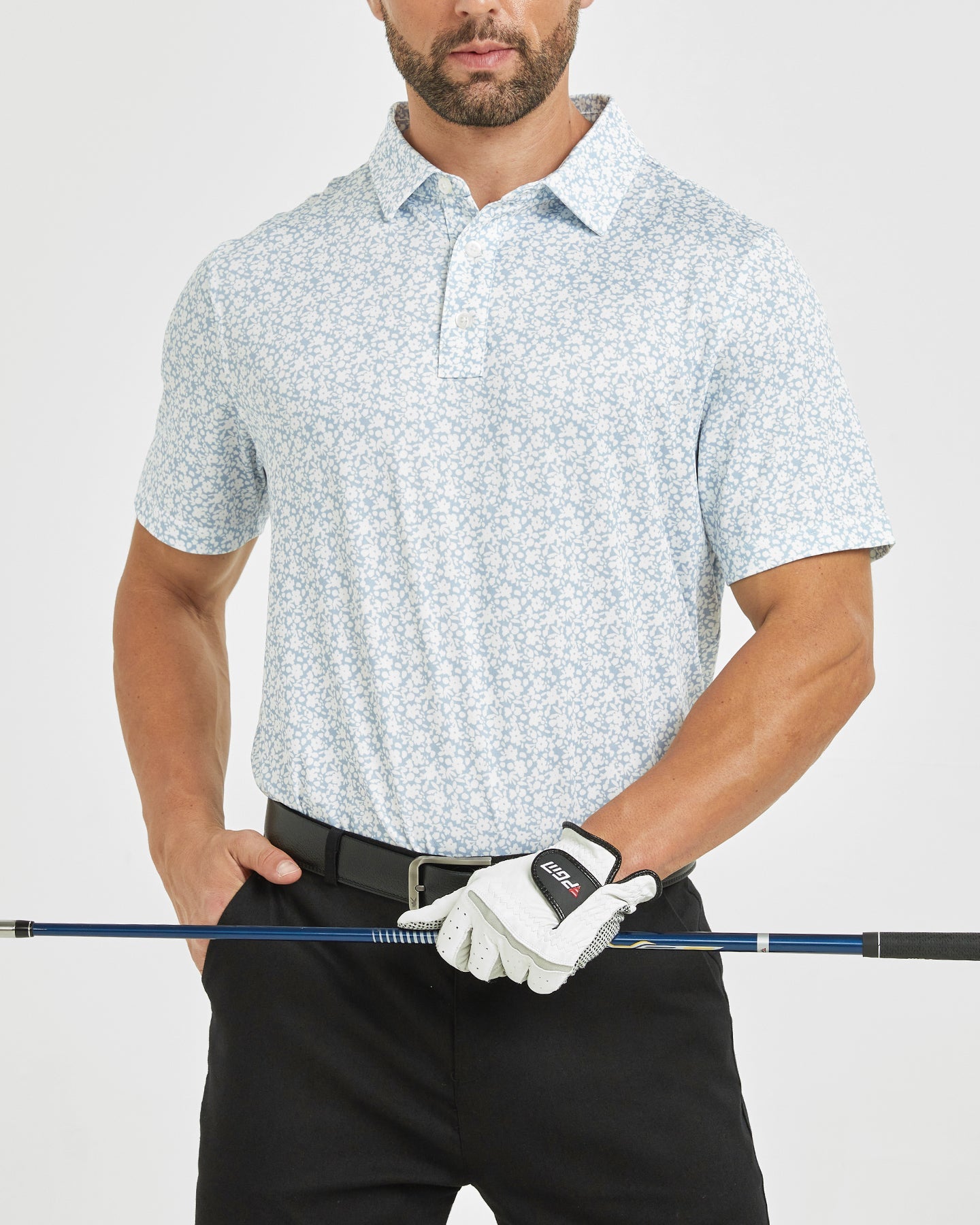 Men's golf polo shirt with white flower prints