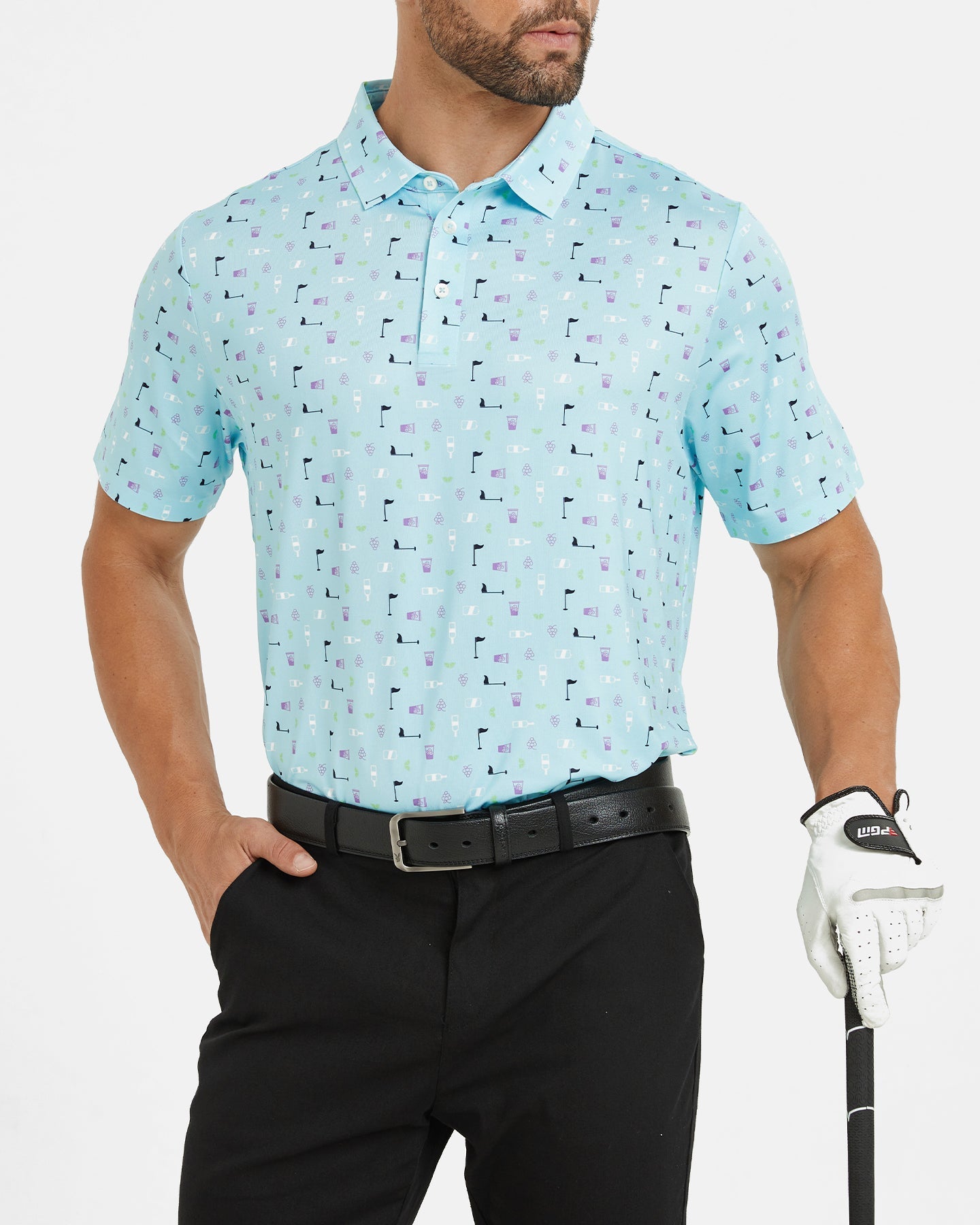 Men's blue polo shirt with golf element prints