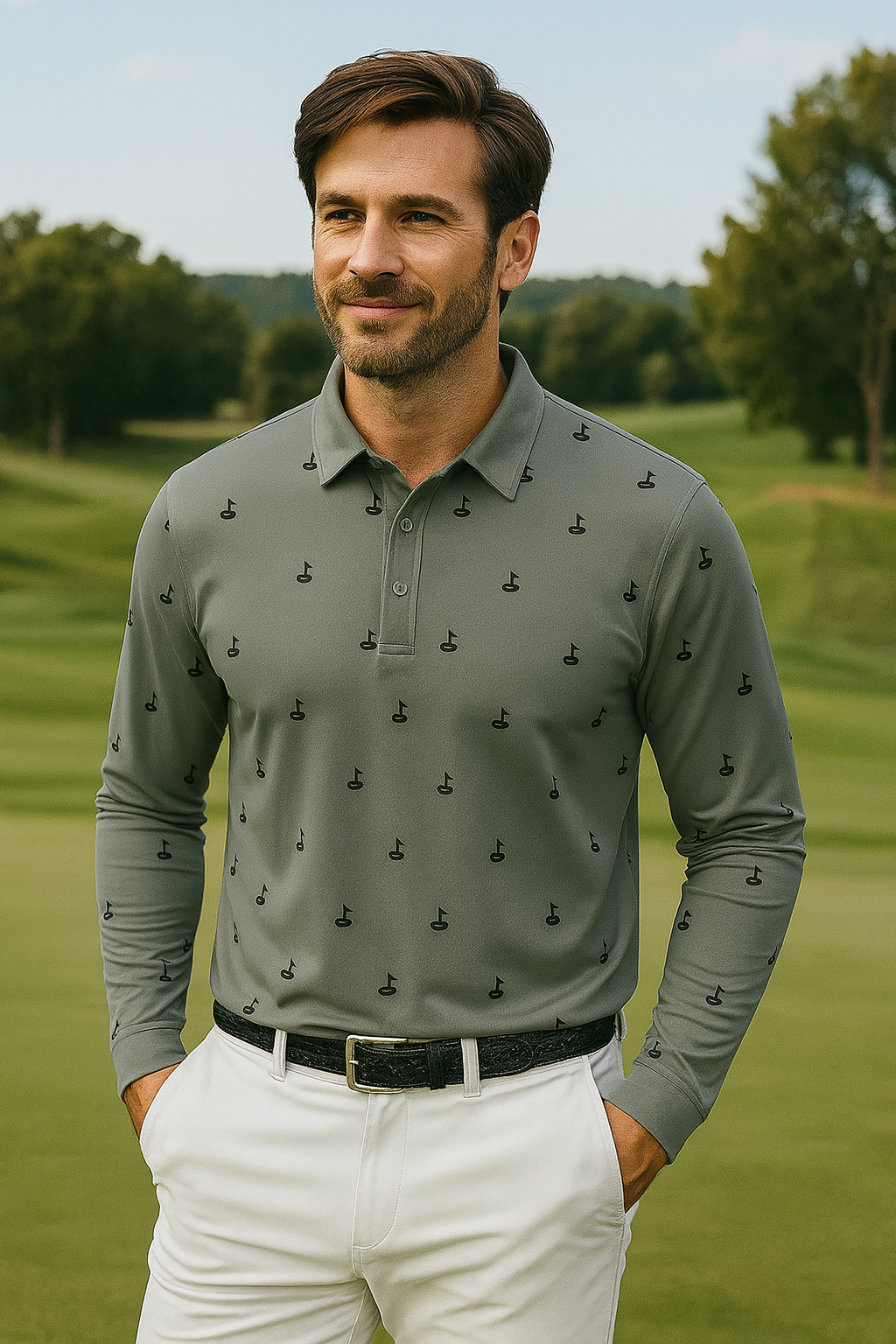 Men's Golf Flag Print Long-Sleeve Performance Polo Shirt