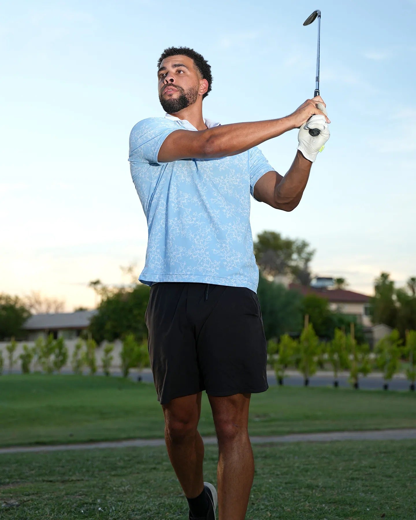 Sky blue men's floral golf polo shirt