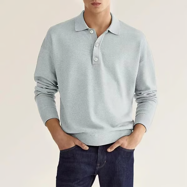 Men's Light Grey Long-Sleeve Polo Sweater