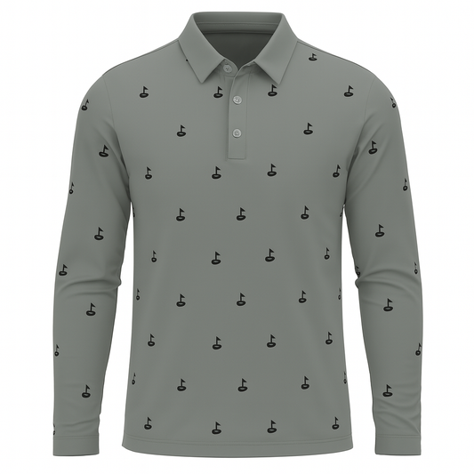 Men's Golf Flag Print Long-Sleeve Performance Polo Shirt