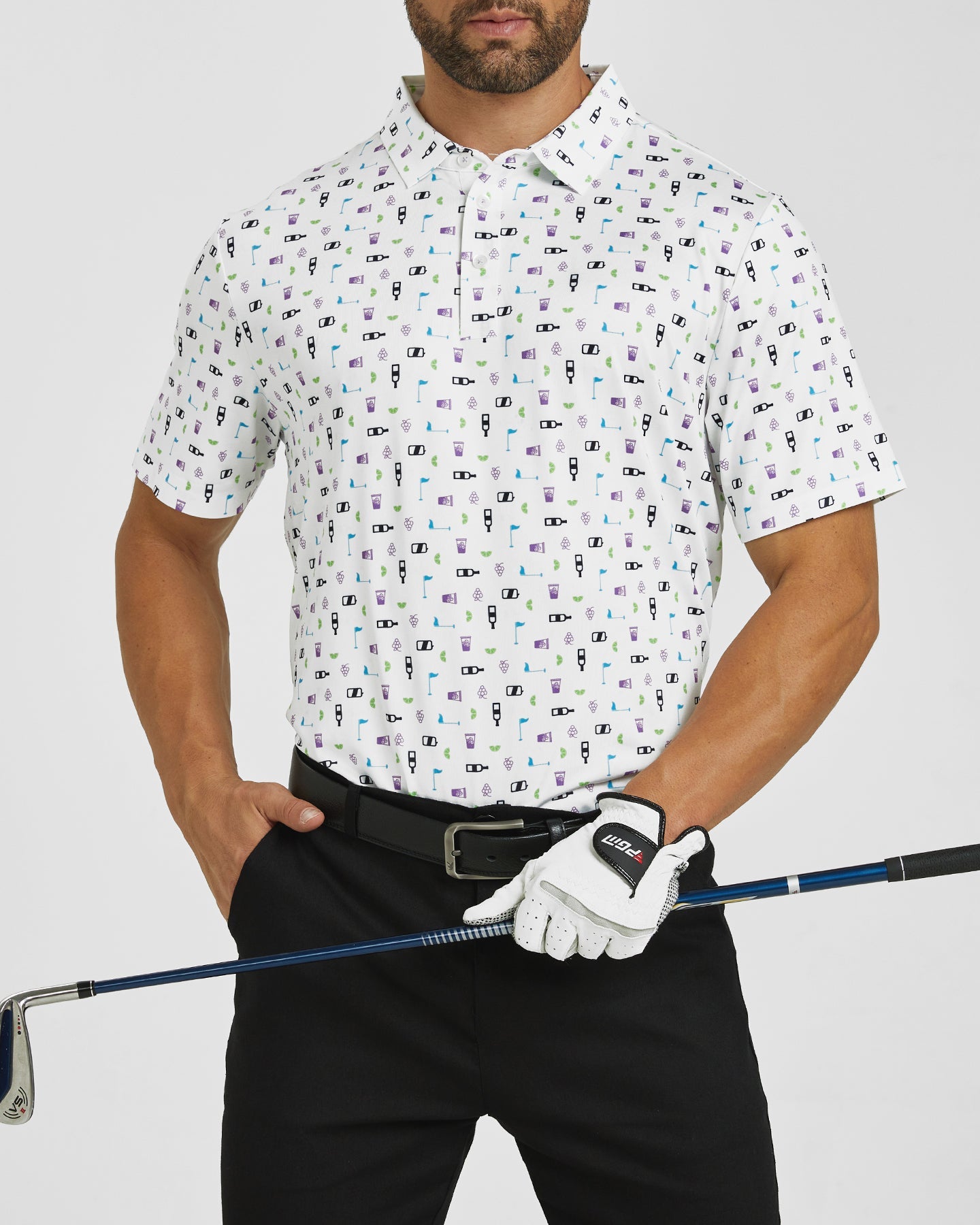 Men's white celebration print golf polo shirt