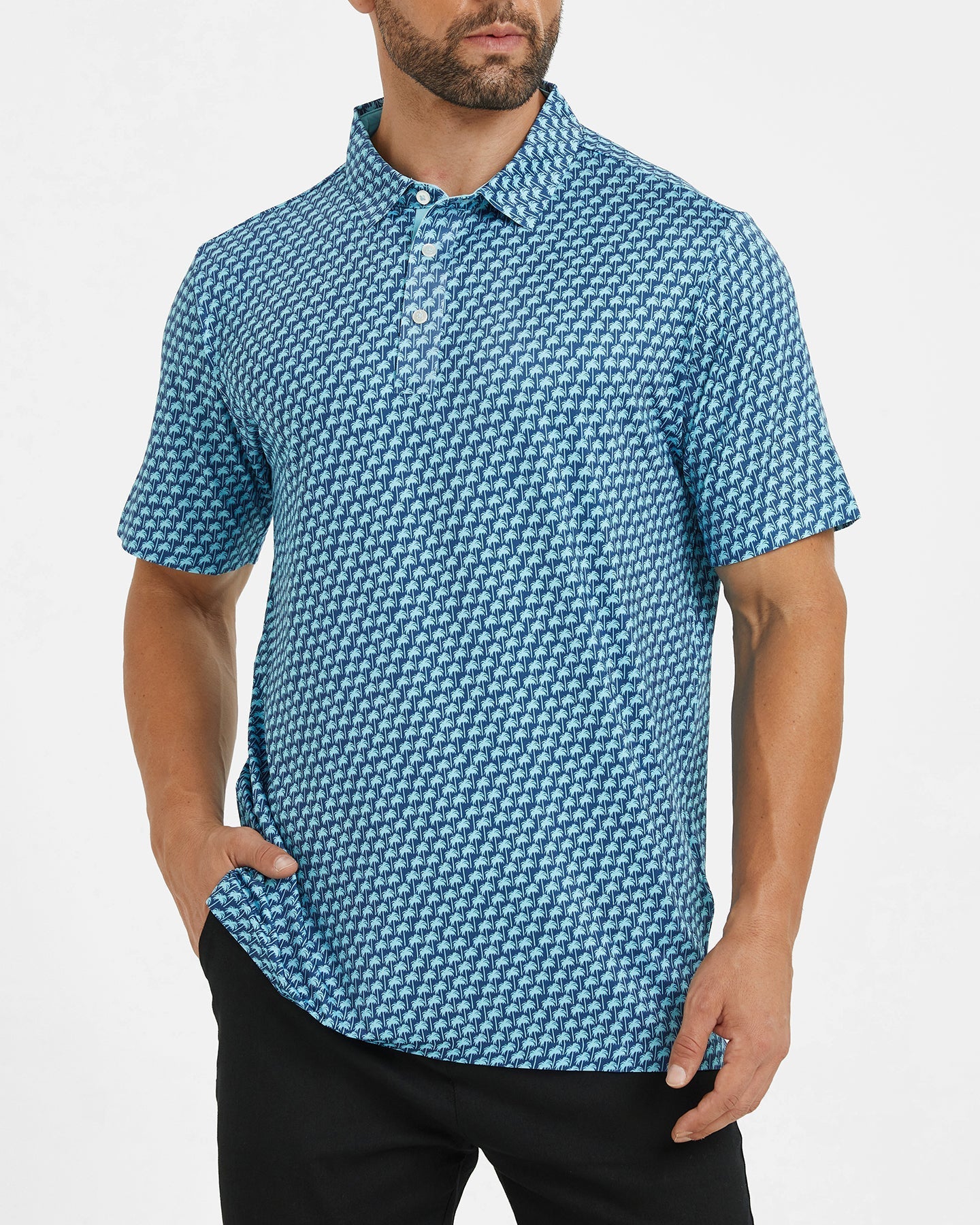 Men's blue Hawaii coconut tree-patterned golf polo shirt