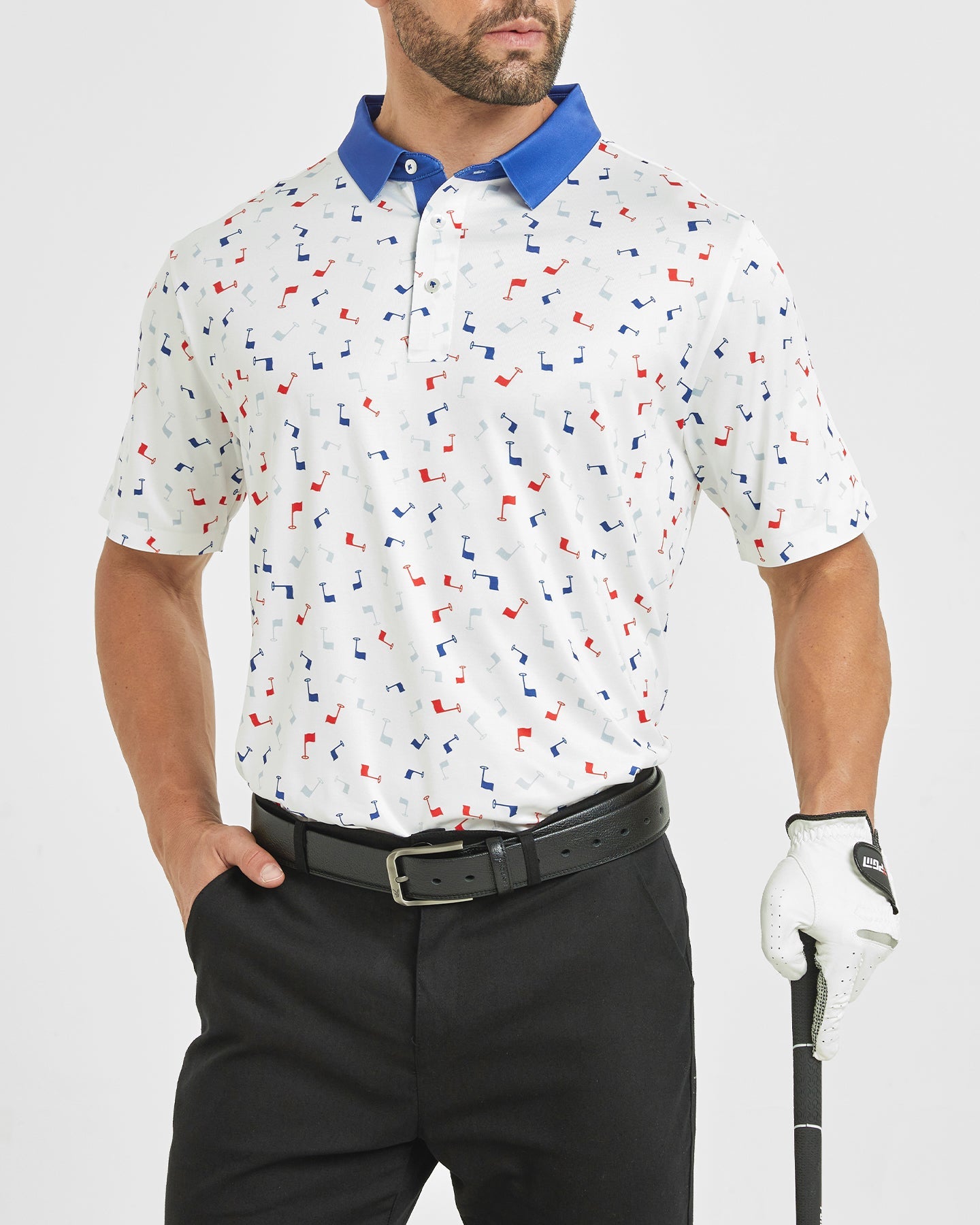 Men's golf polo shirt with flag printed patterns