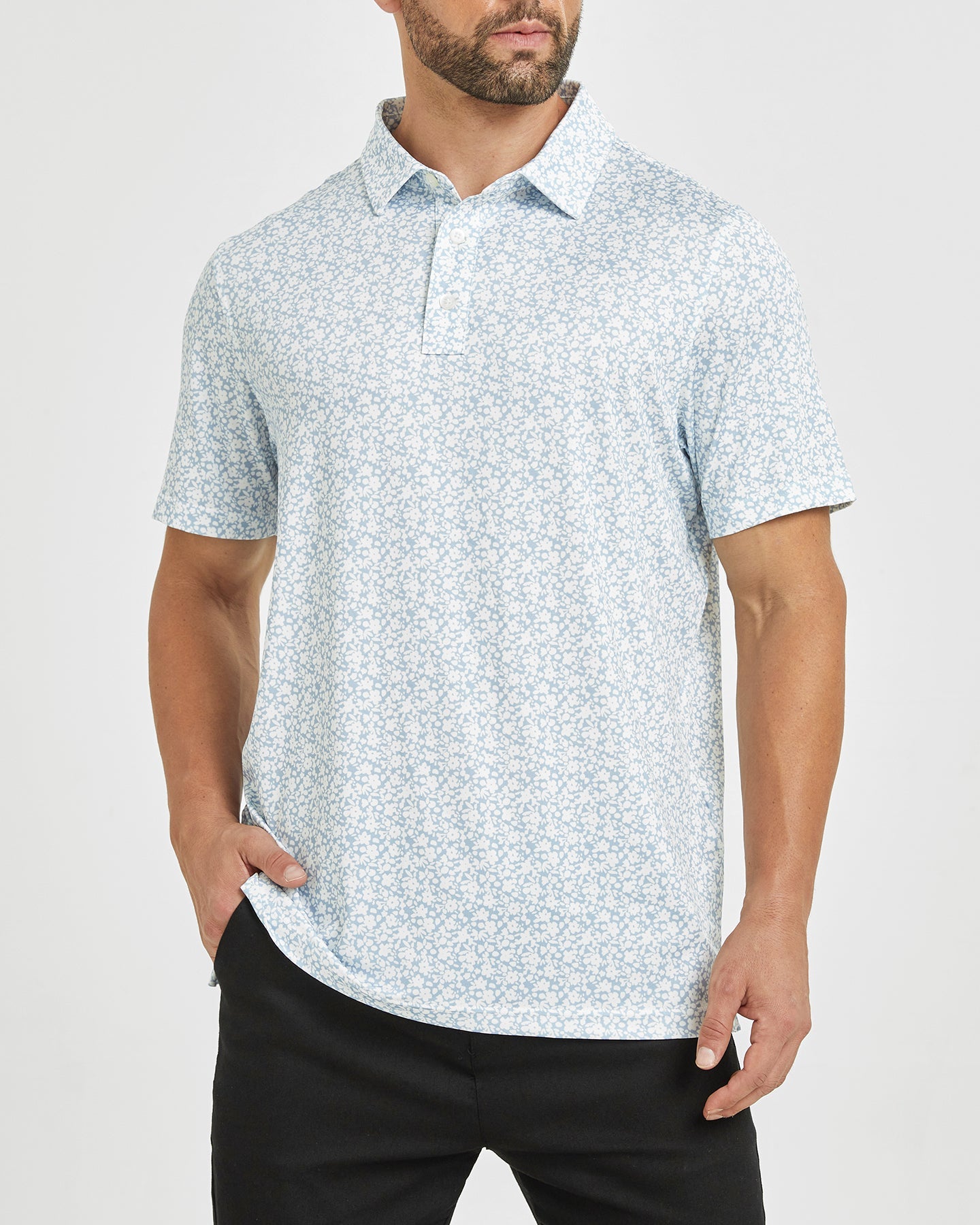 Men's golf polo shirt with white flower prints