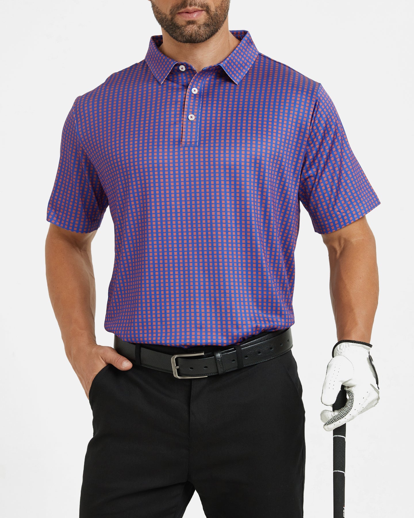 Men's purple square-patterned golf polo shirt