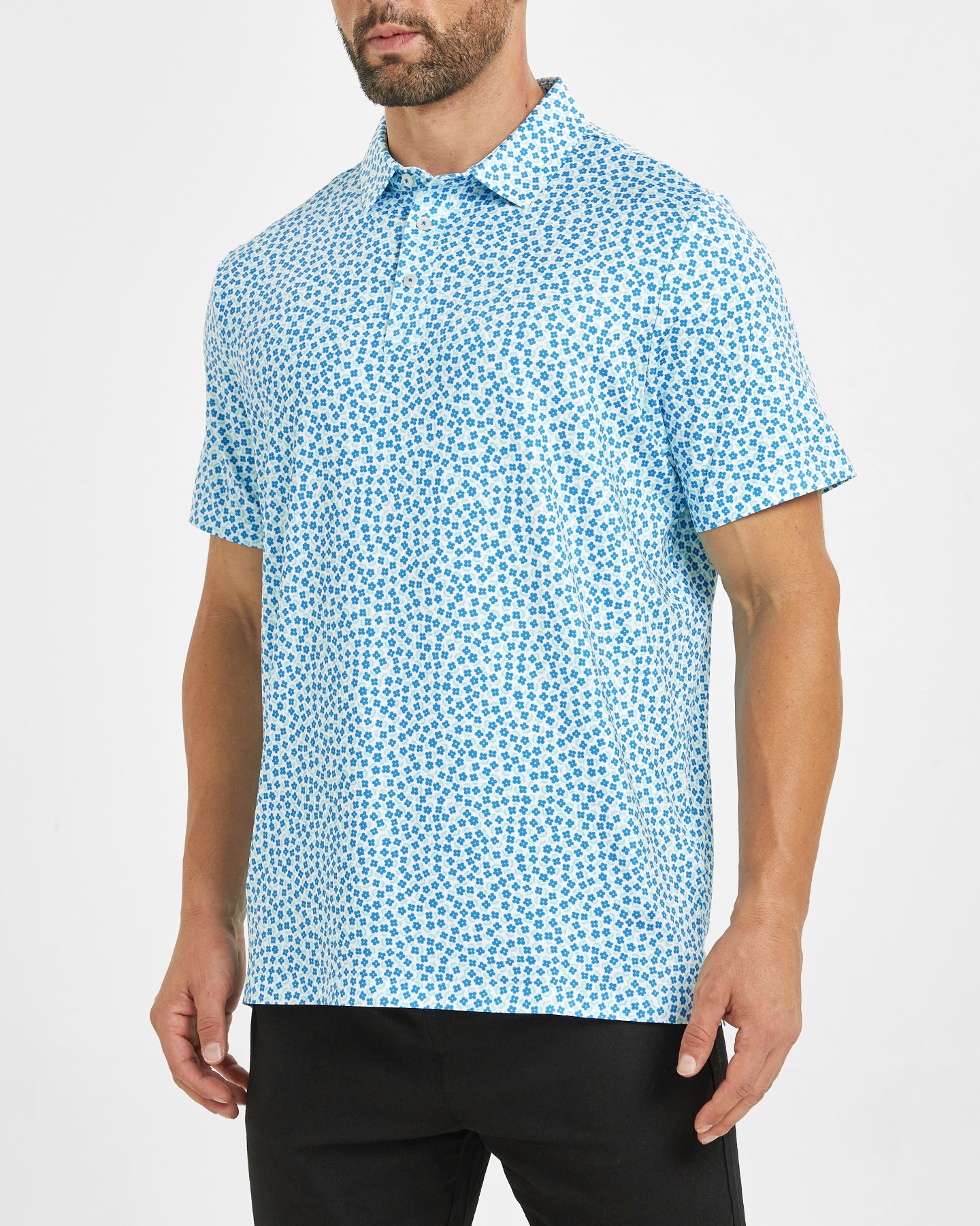 Men's blue flower-printed golf polo shirt
