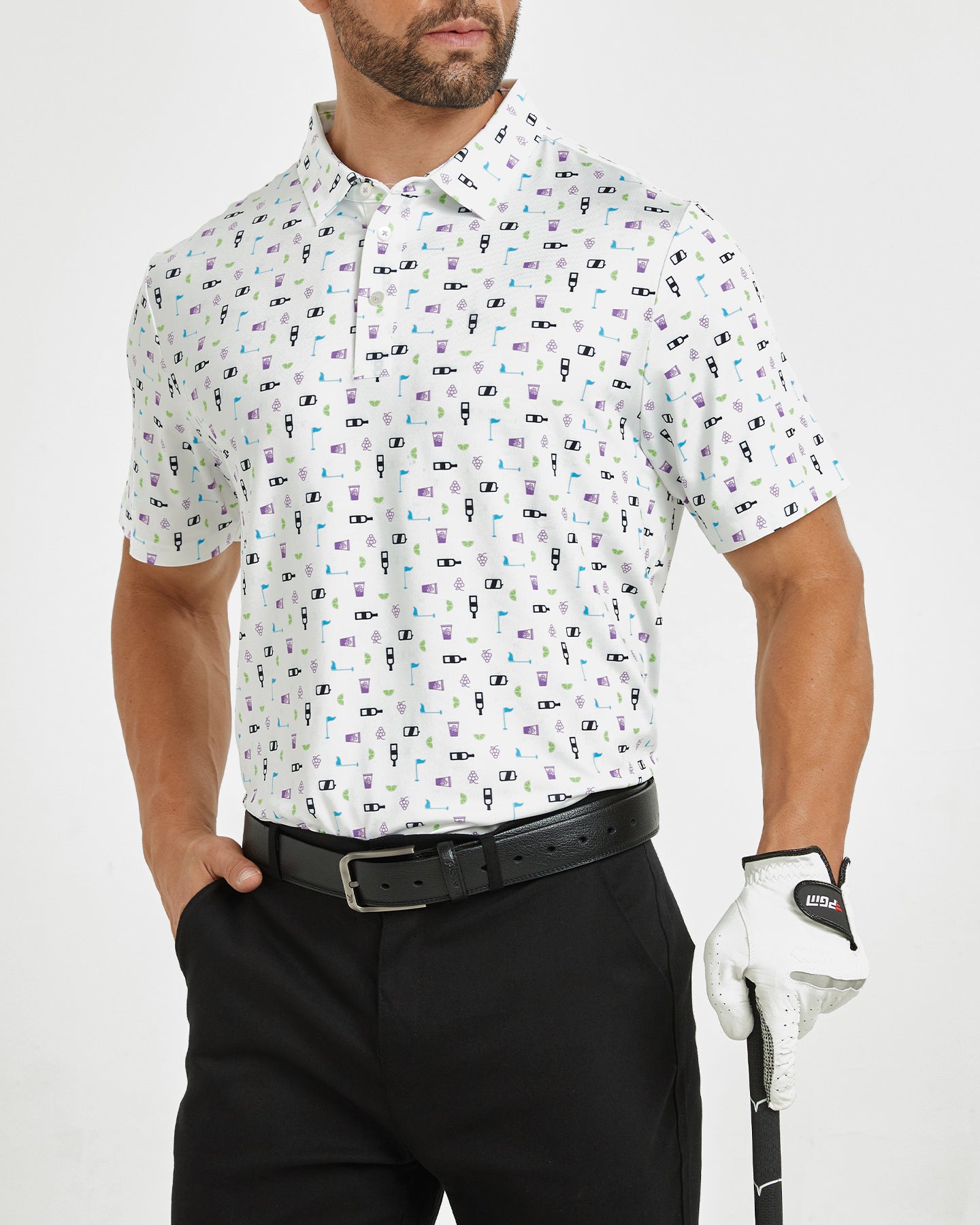 Men's white celebration print golf polo shirt