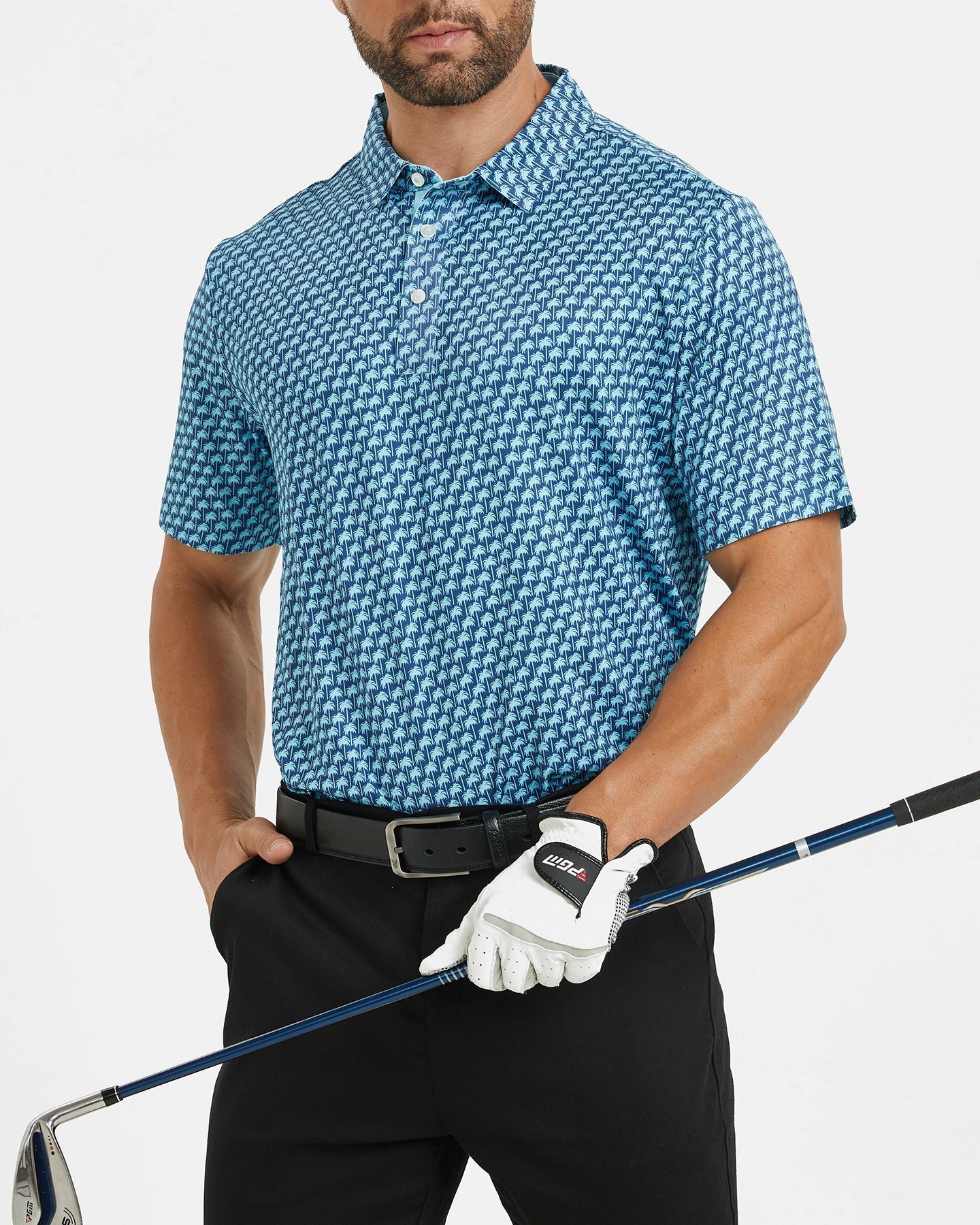 Men's blue Hawaii coconut tree-patterned golf polo shirt