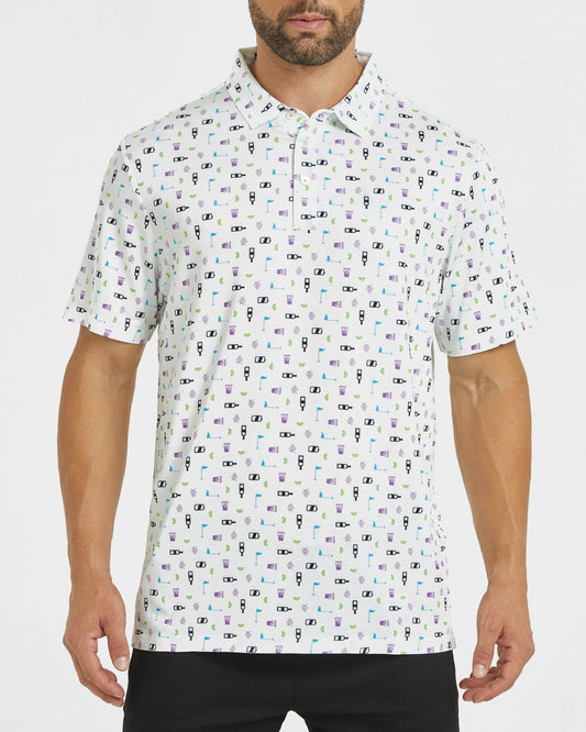 Men's white celebration print golf polo shirt