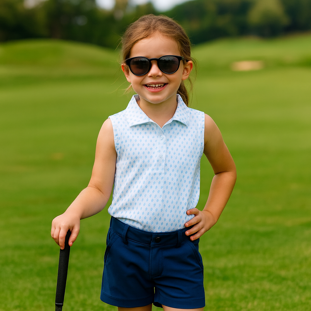 Kids' Light Blue Golf Icon Print Sleeveless Performance Polo