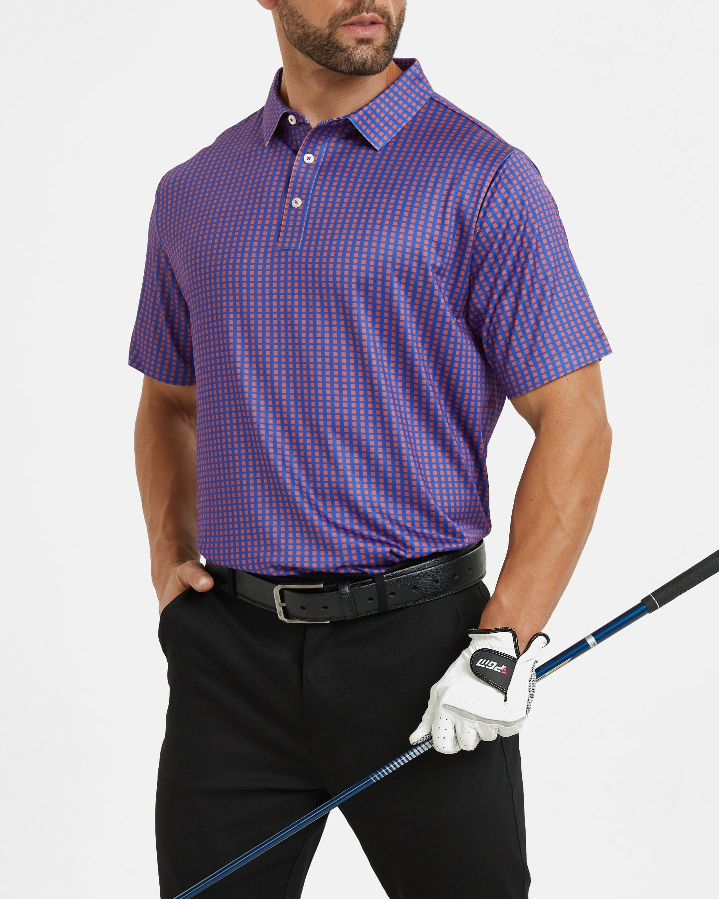 Men's purple square-patterned golf polo shirt