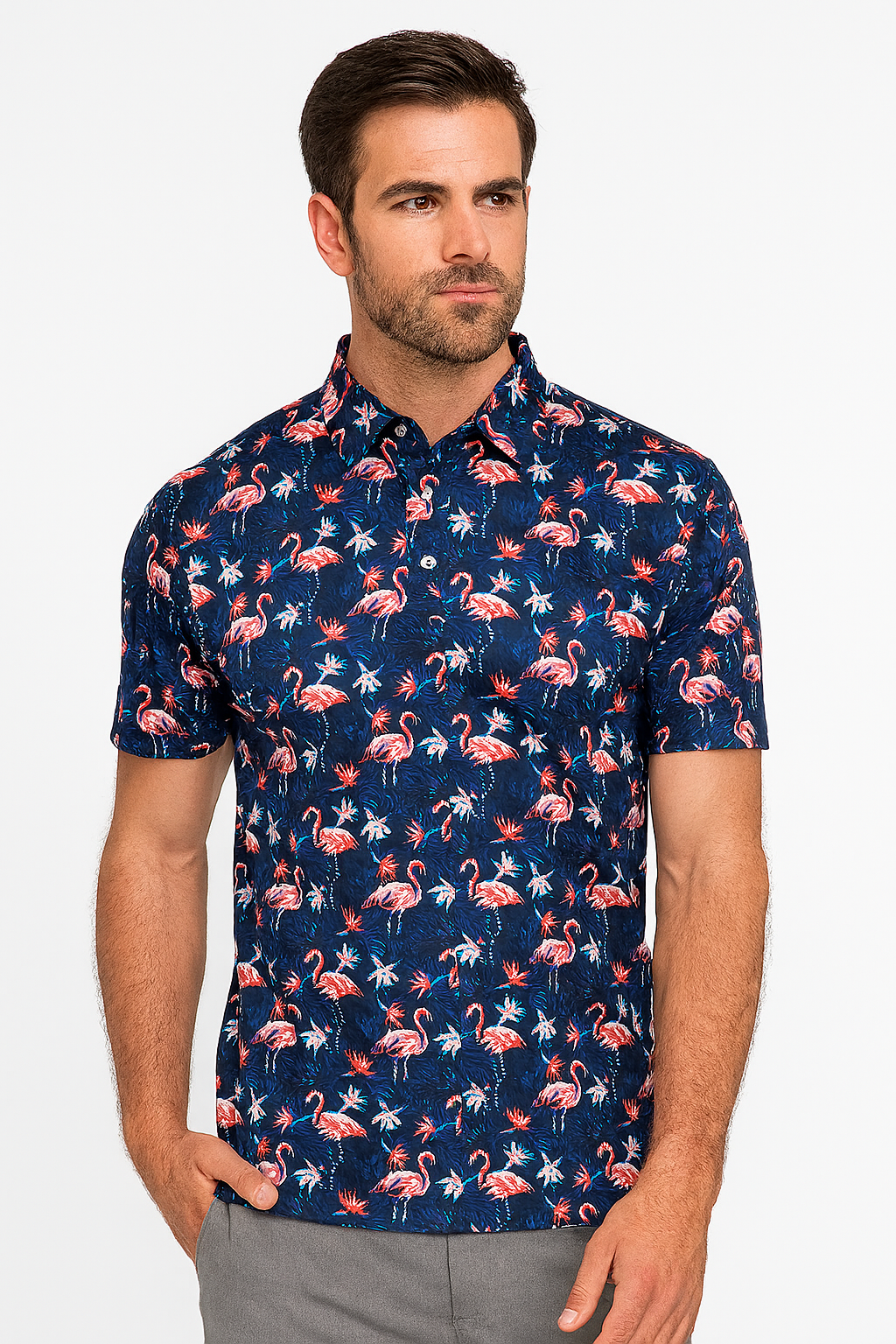 Tropical Flamingo Polo Shirt - Antimicrobial Quick Dry Slim Fit with Floral Pattern Design