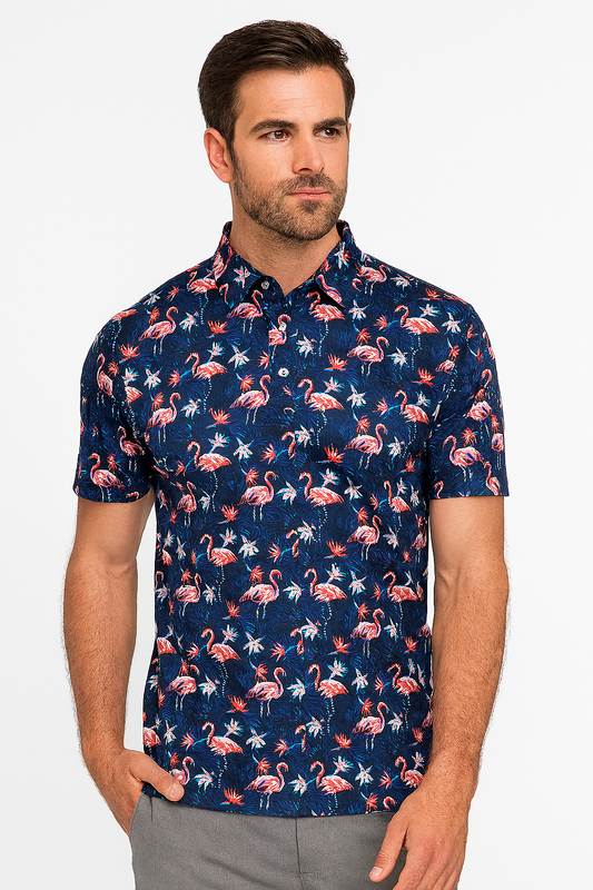 Tropical Flamingo Polo Shirt - Antimicrobial Quick Dry Slim Fit with Floral Pattern Design
