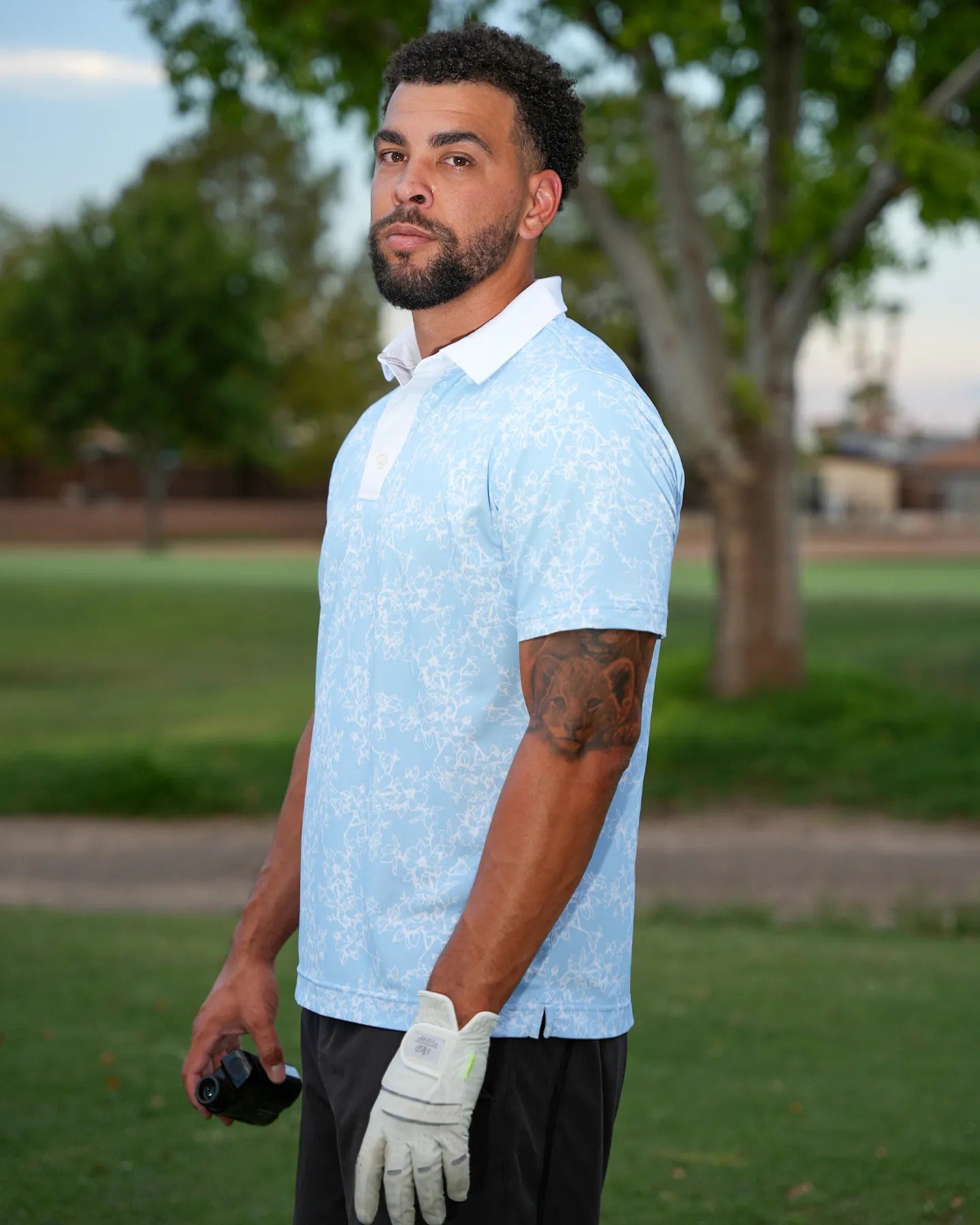 Sky blue men's floral golf polo shirt