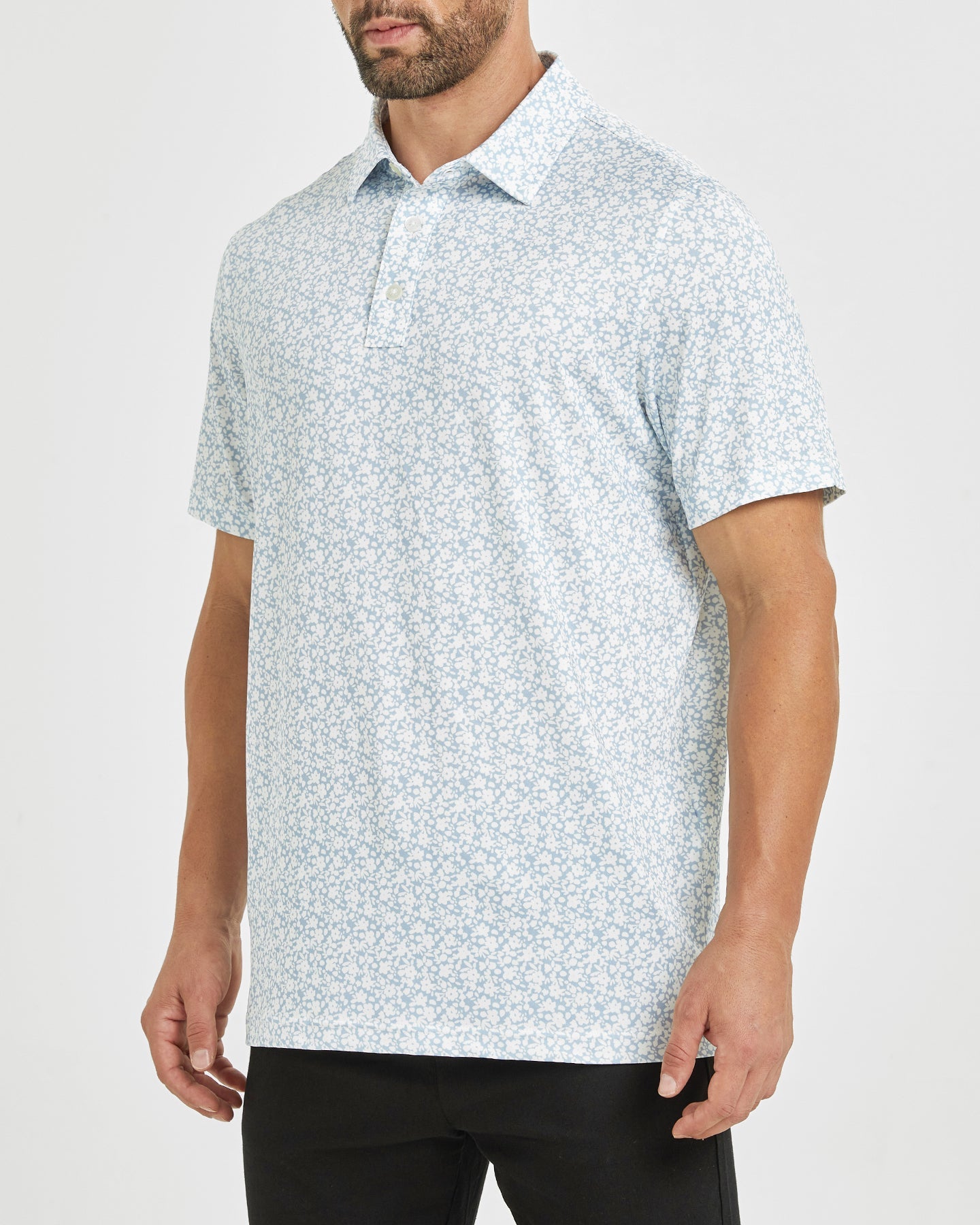 Men's golf polo shirt with white flower prints
