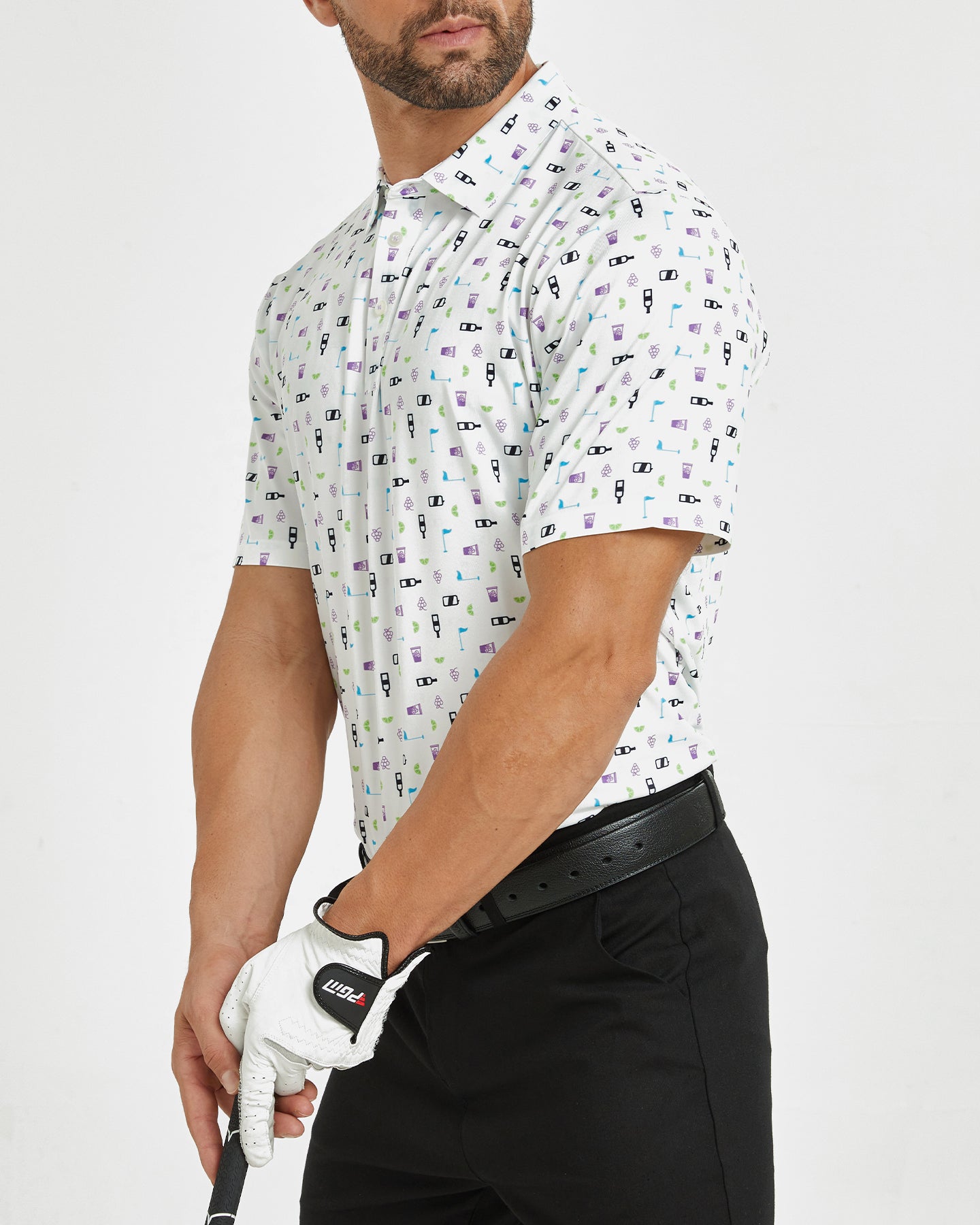 Men's white celebration print golf polo shirt