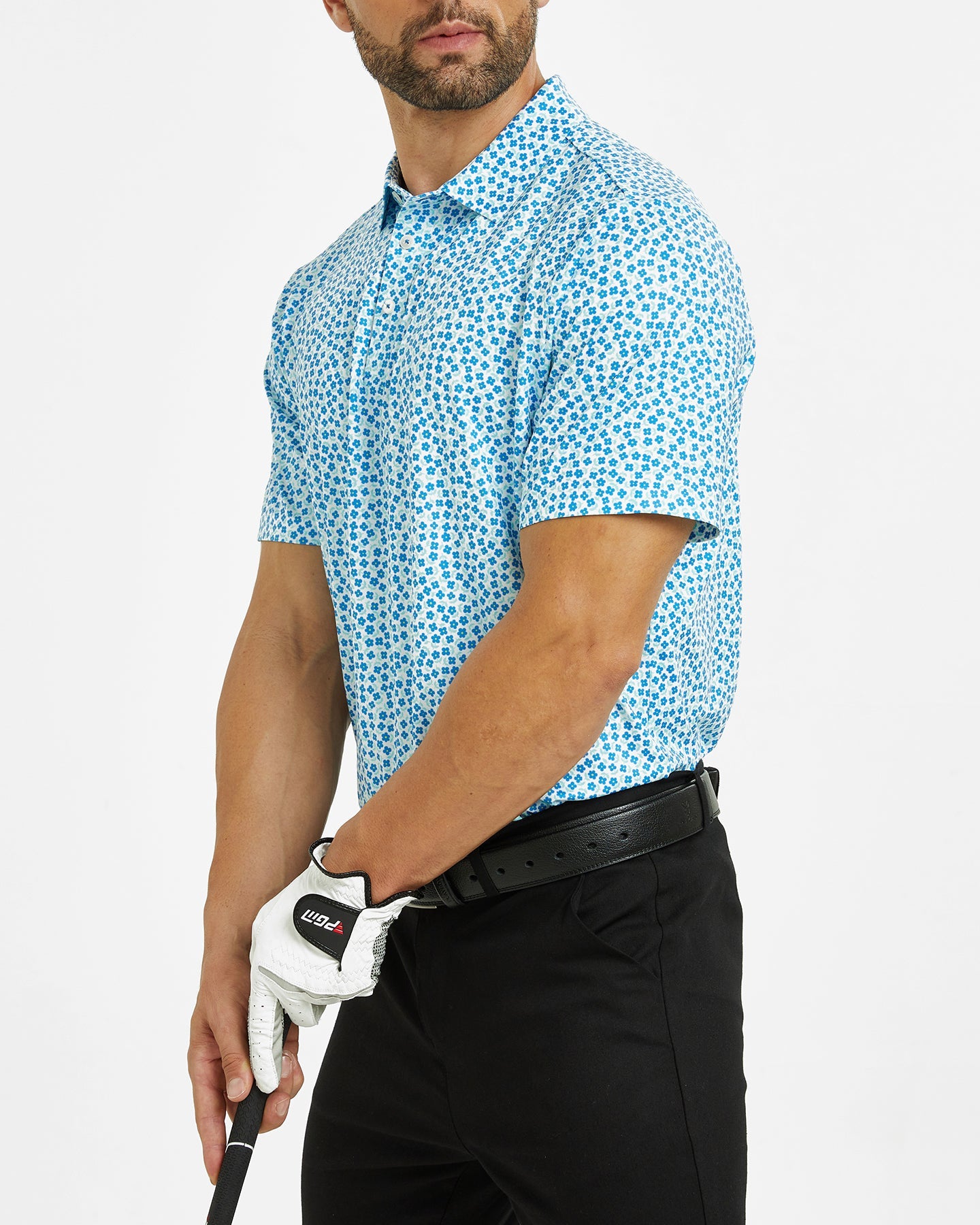 Men's blue flower-printed golf polo shirt