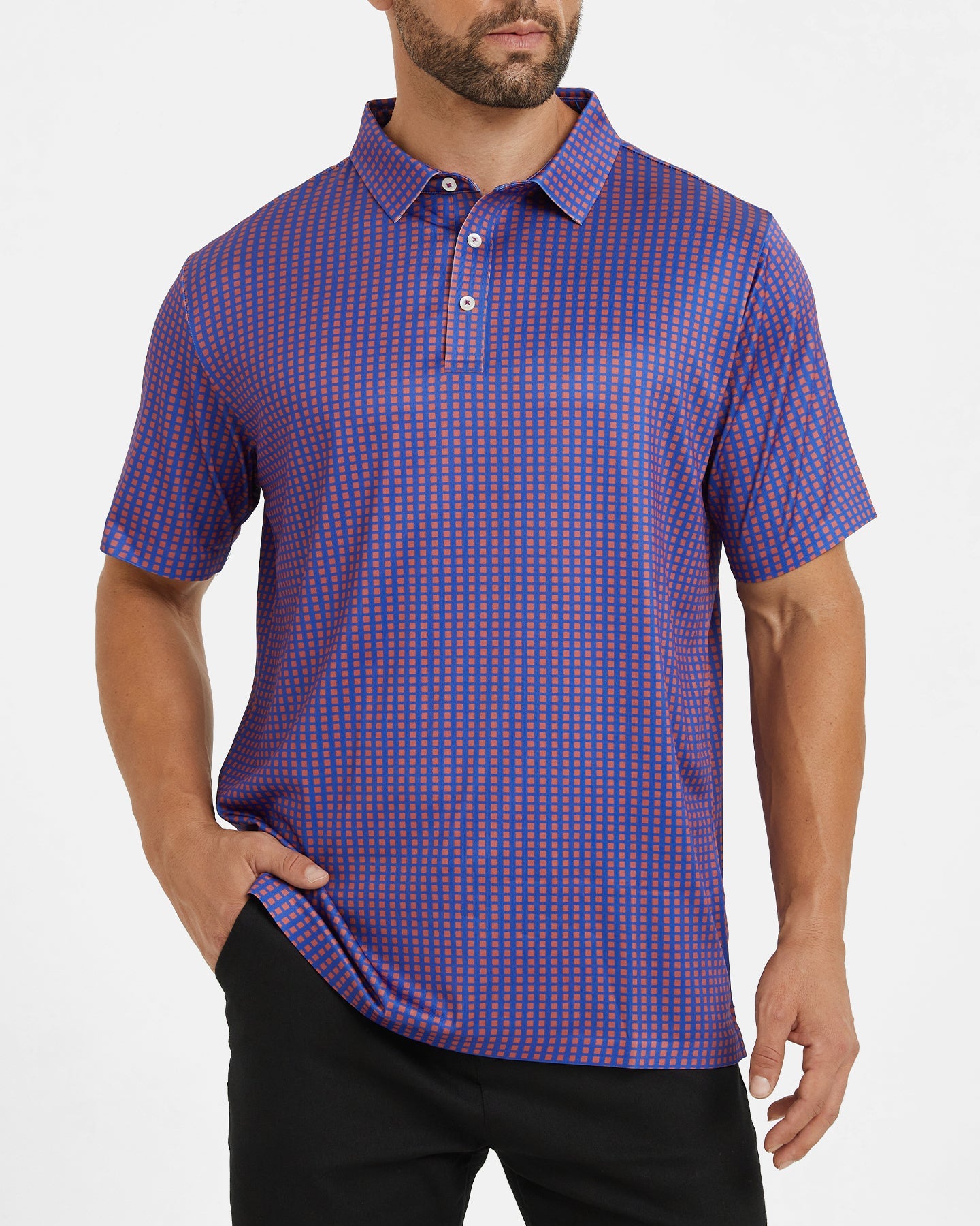 Men's purple square-patterned golf polo shirt