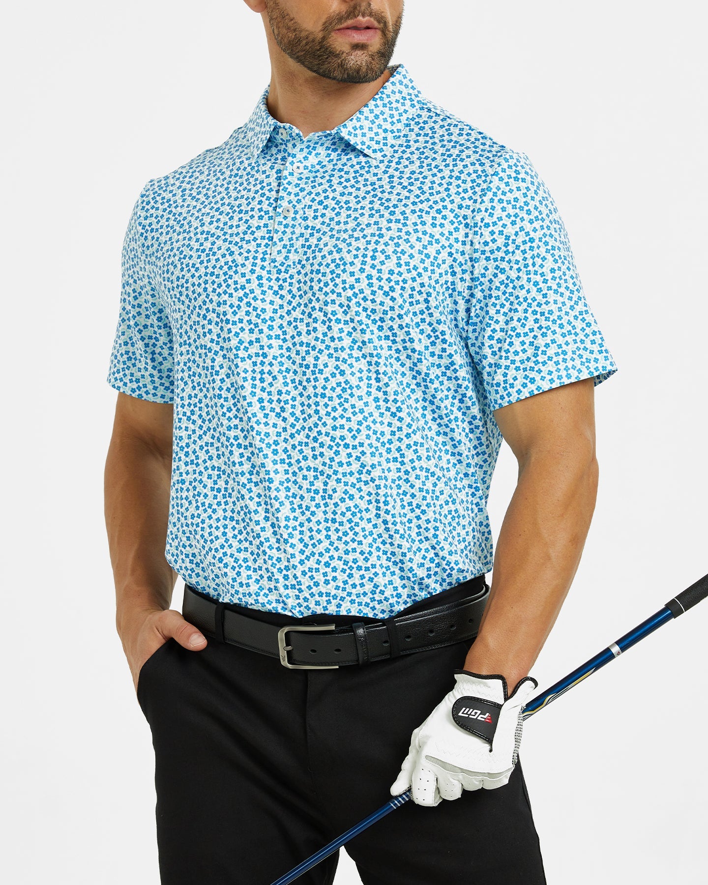 Men's blue flower-printed golf polo shirt