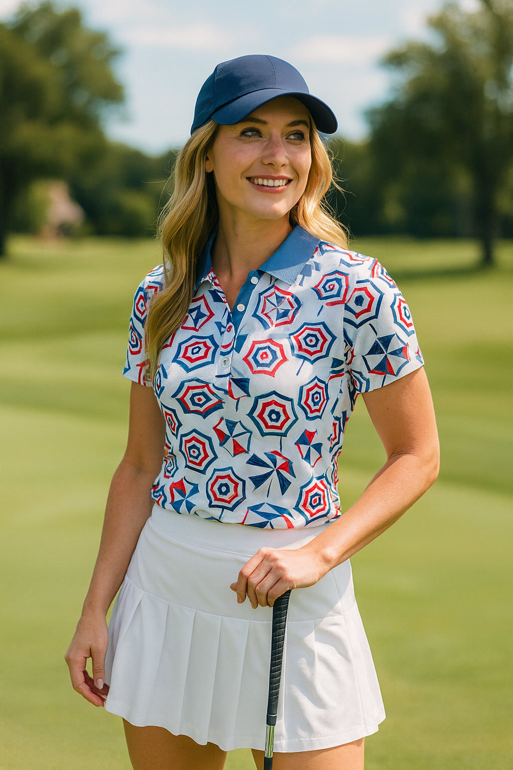 Women's Red, White & Blue Umbrella Print Performance Polo Shirt