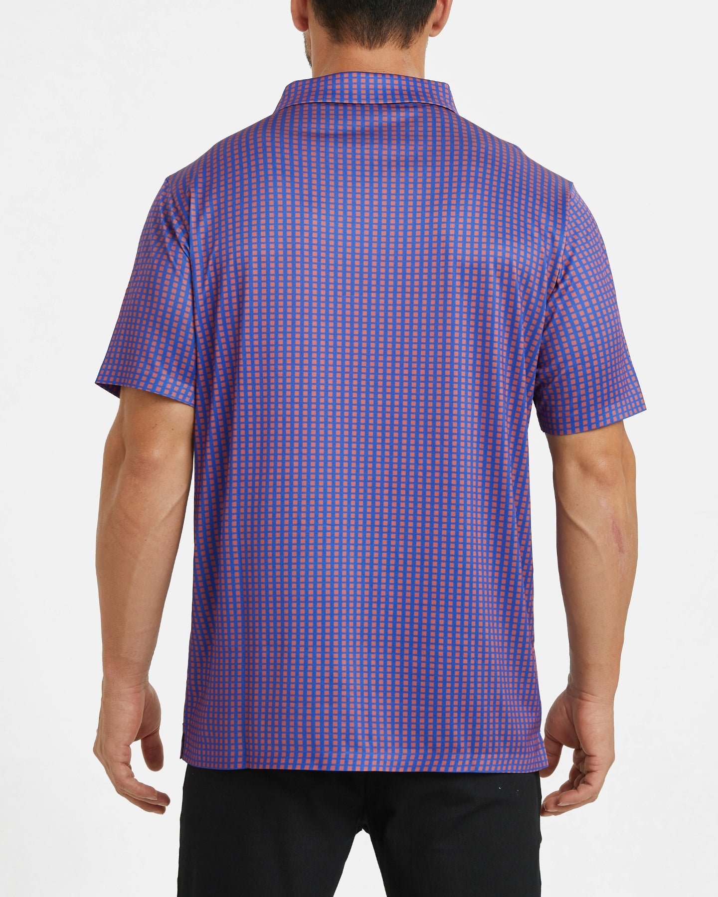 Men's purple square-patterned golf polo shirt