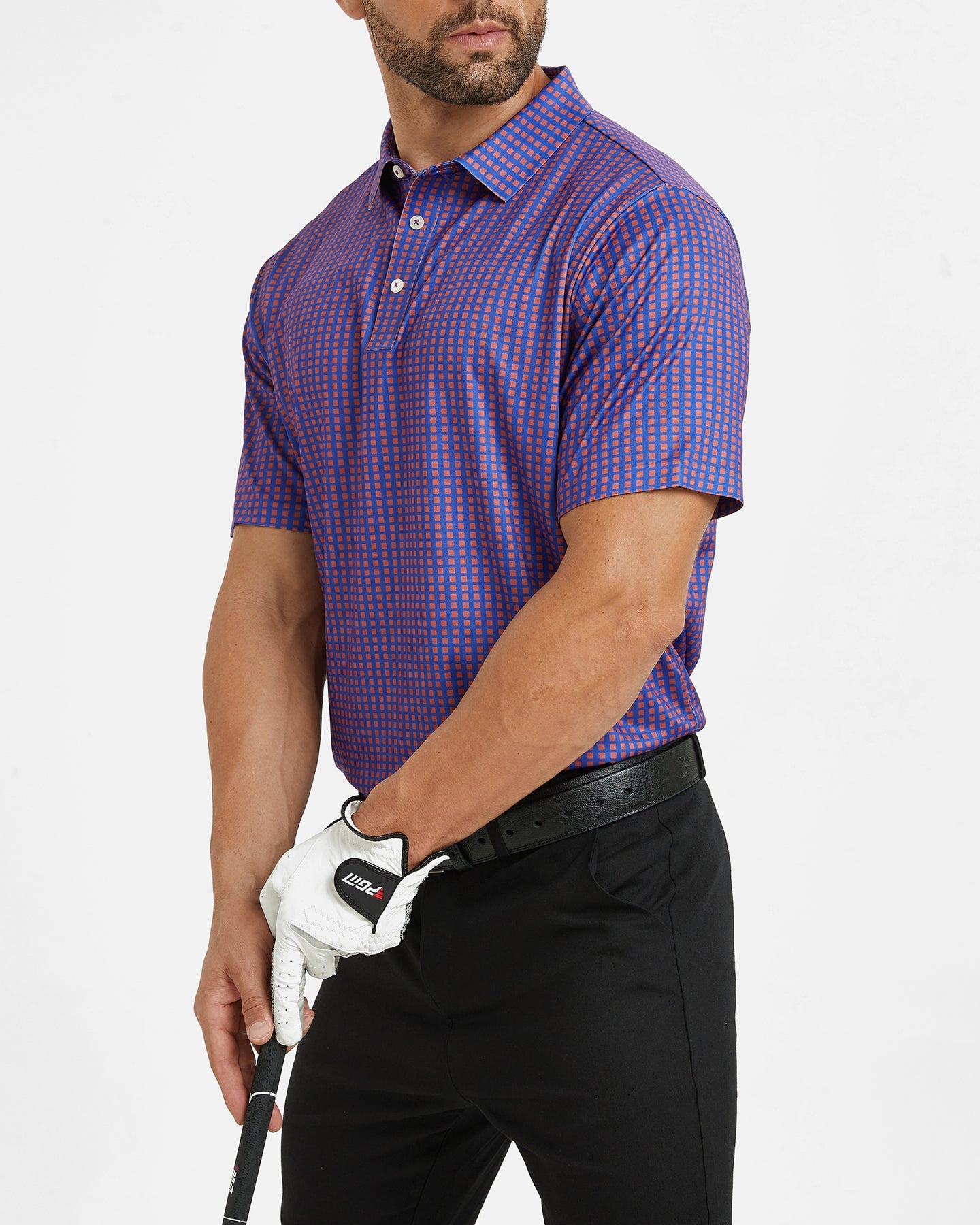 Men's purple square-patterned golf polo shirt