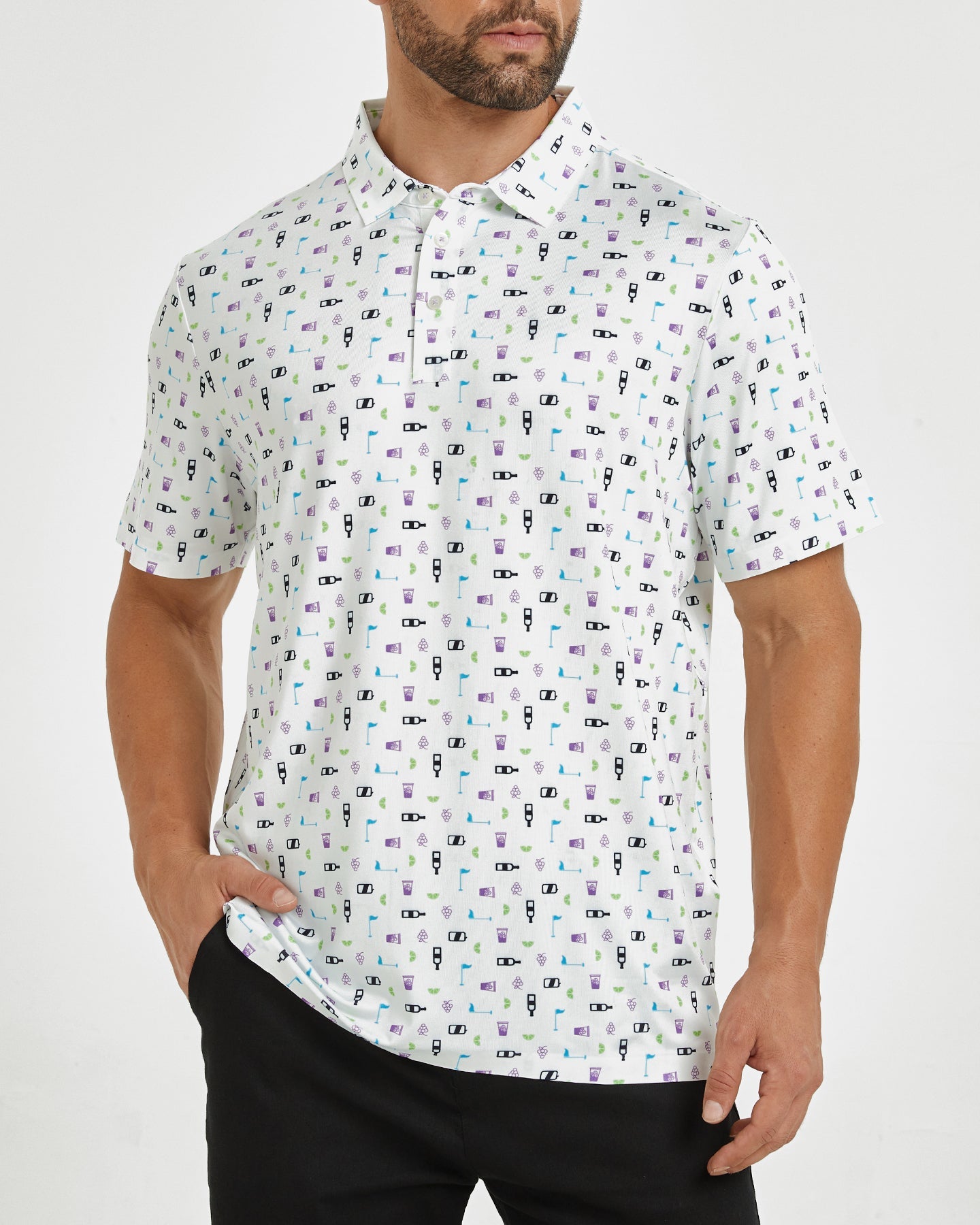 Men's white celebration print golf polo shirt