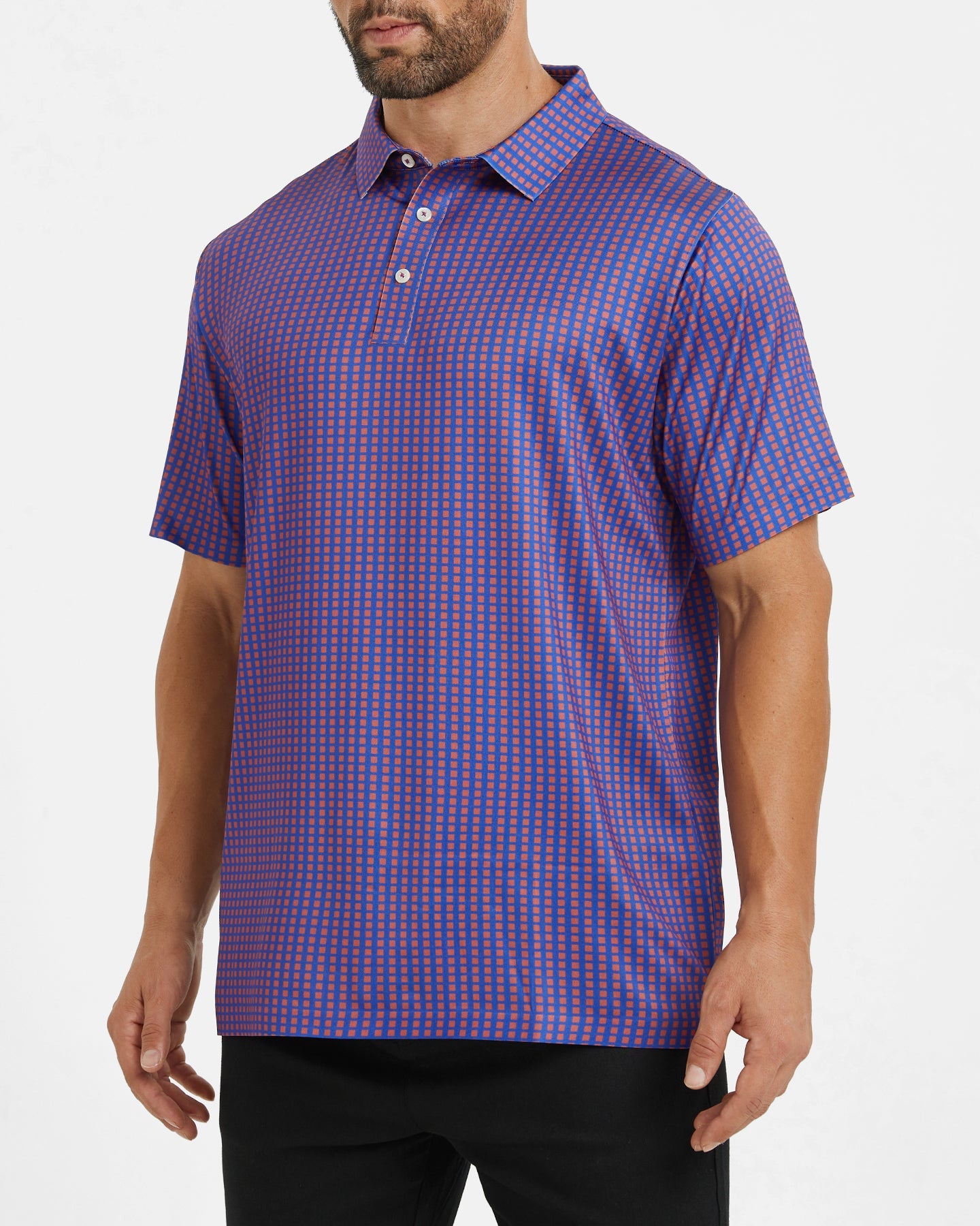 Men's purple square-patterned golf polo shirt