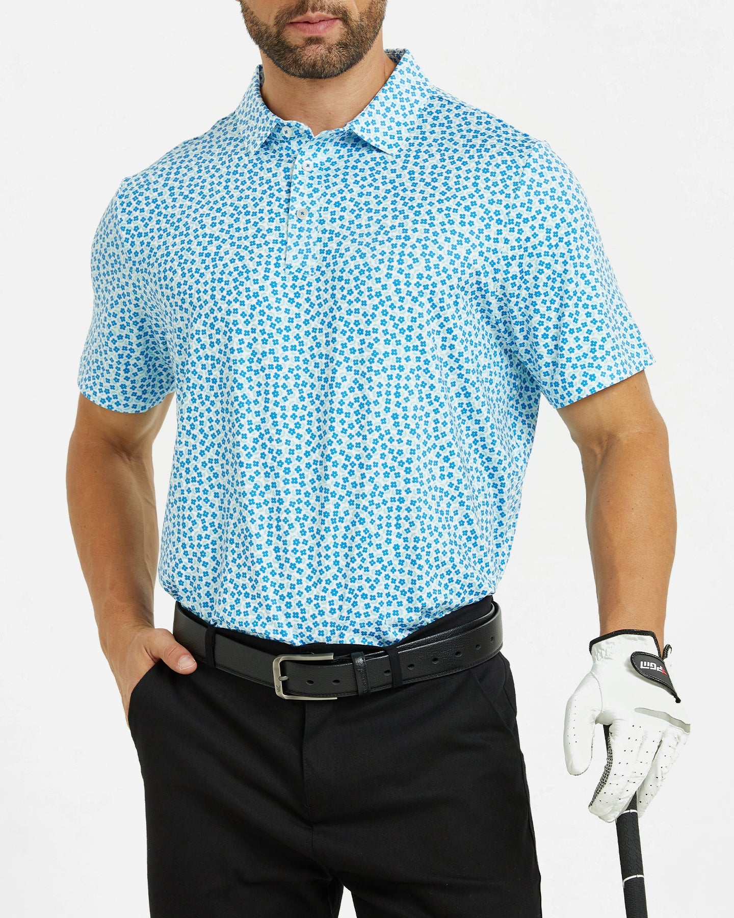 Men's blue flower-printed golf polo shirt