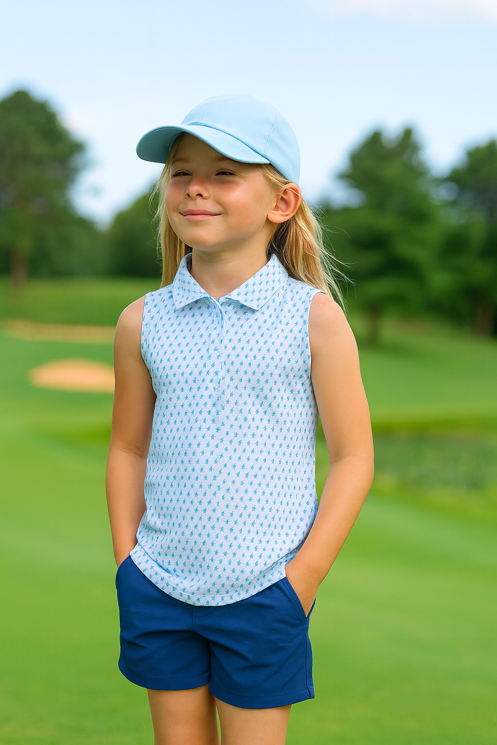 Kids' Light Blue Golf Icon Print Sleeveless Performance Polo