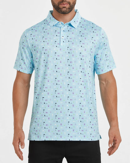 Men's blue polo shirt with golf element prints