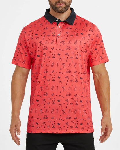 Men's red polo shirt with golf element prints
