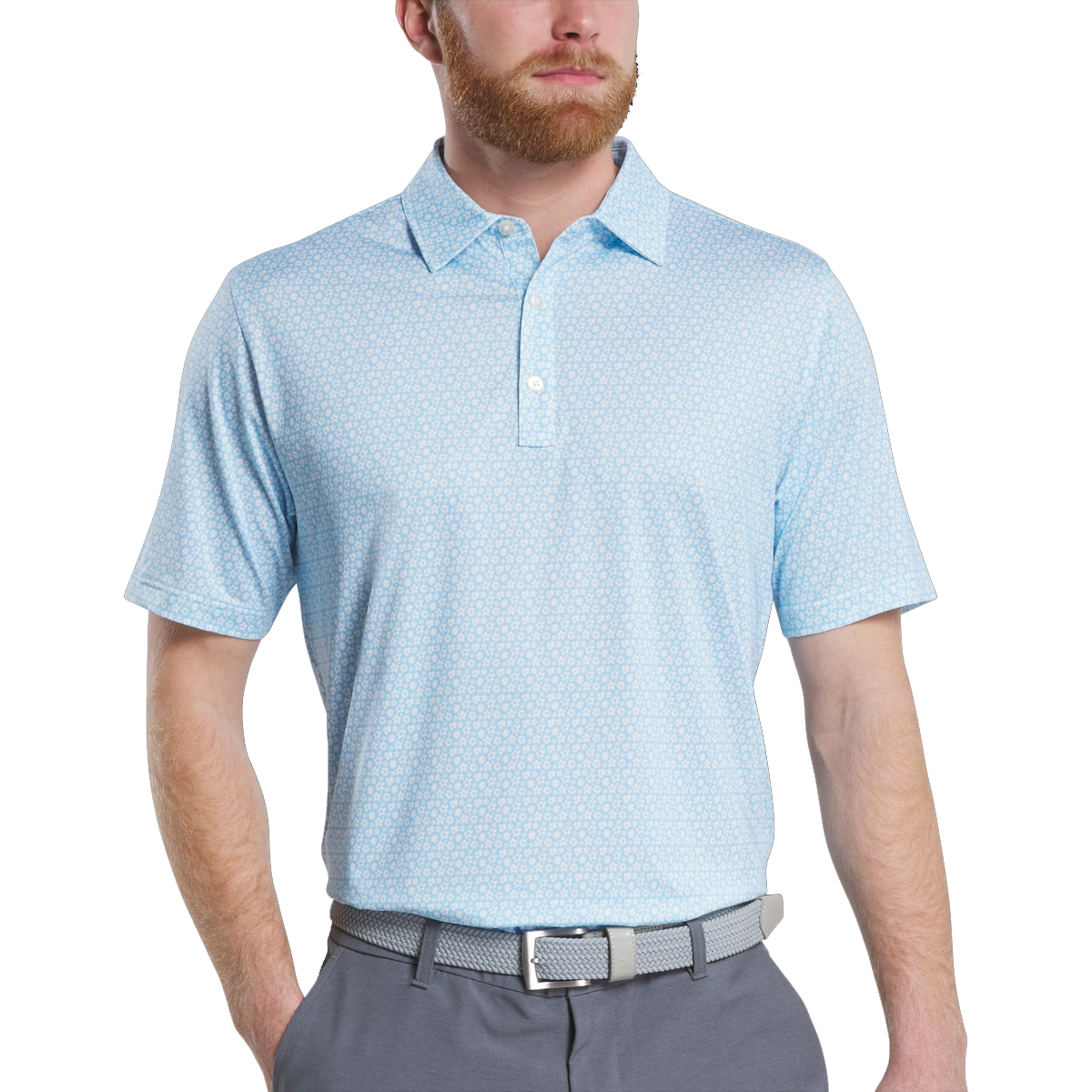 Men's golf polo shirt with blue star and flower prints