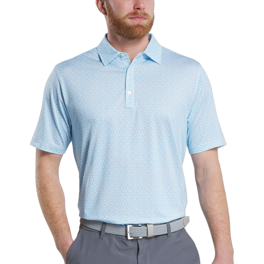 Men's golf polo shirt with blue star and flower prints