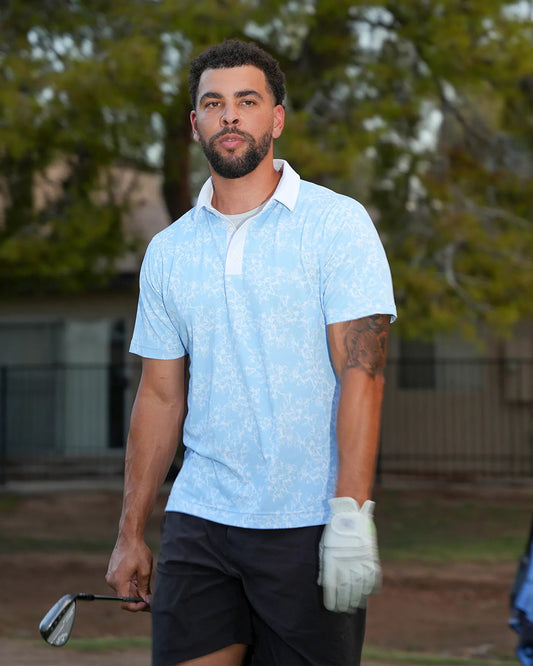 Sky blue men's floral golf polo shirt