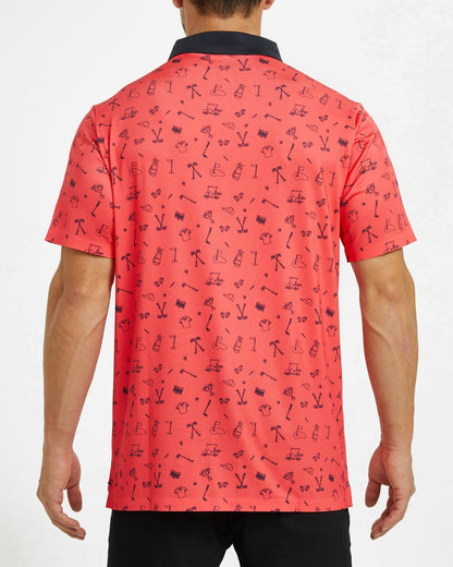 Men's red polo shirt with golf element prints