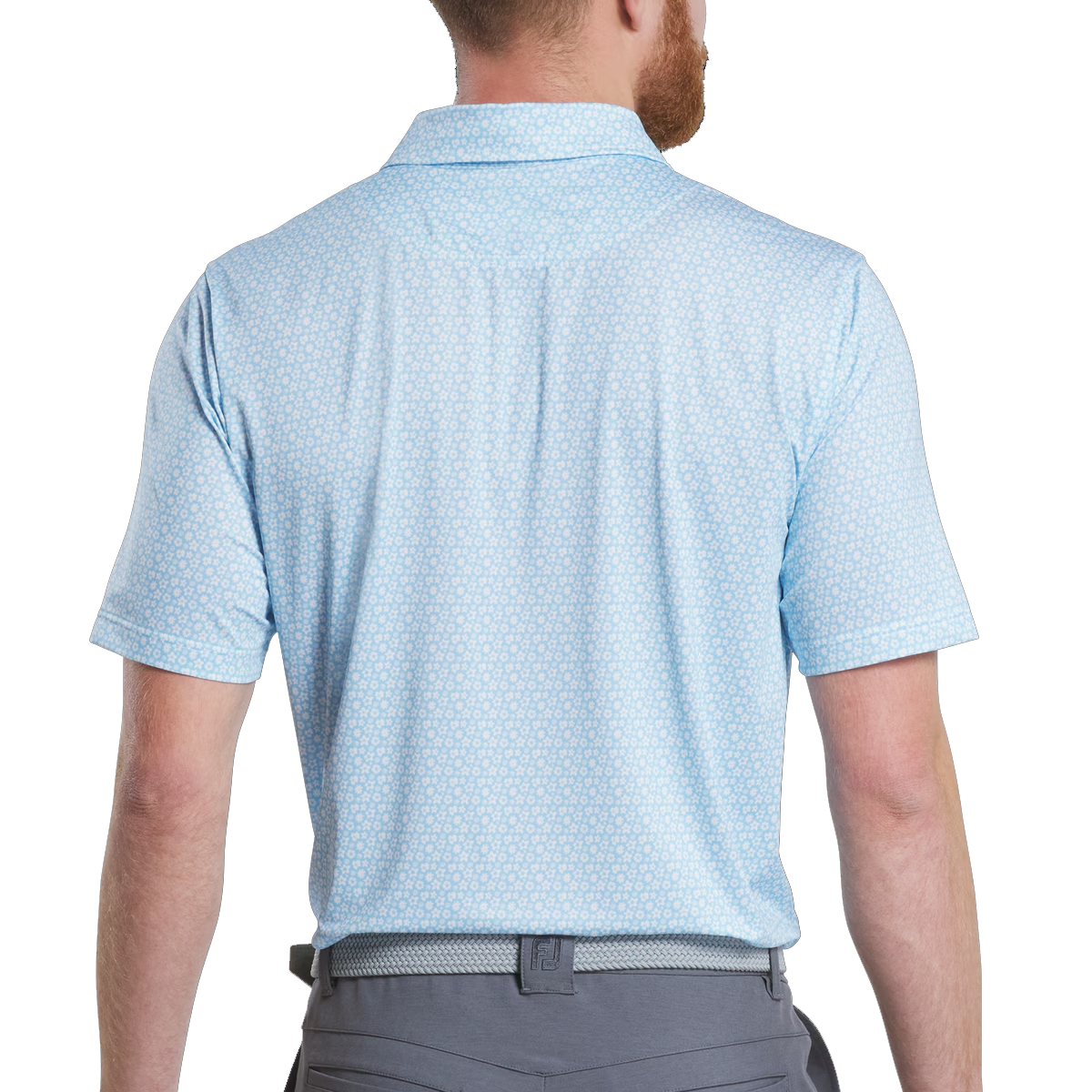 Men's golf polo shirt with blue star and flower prints